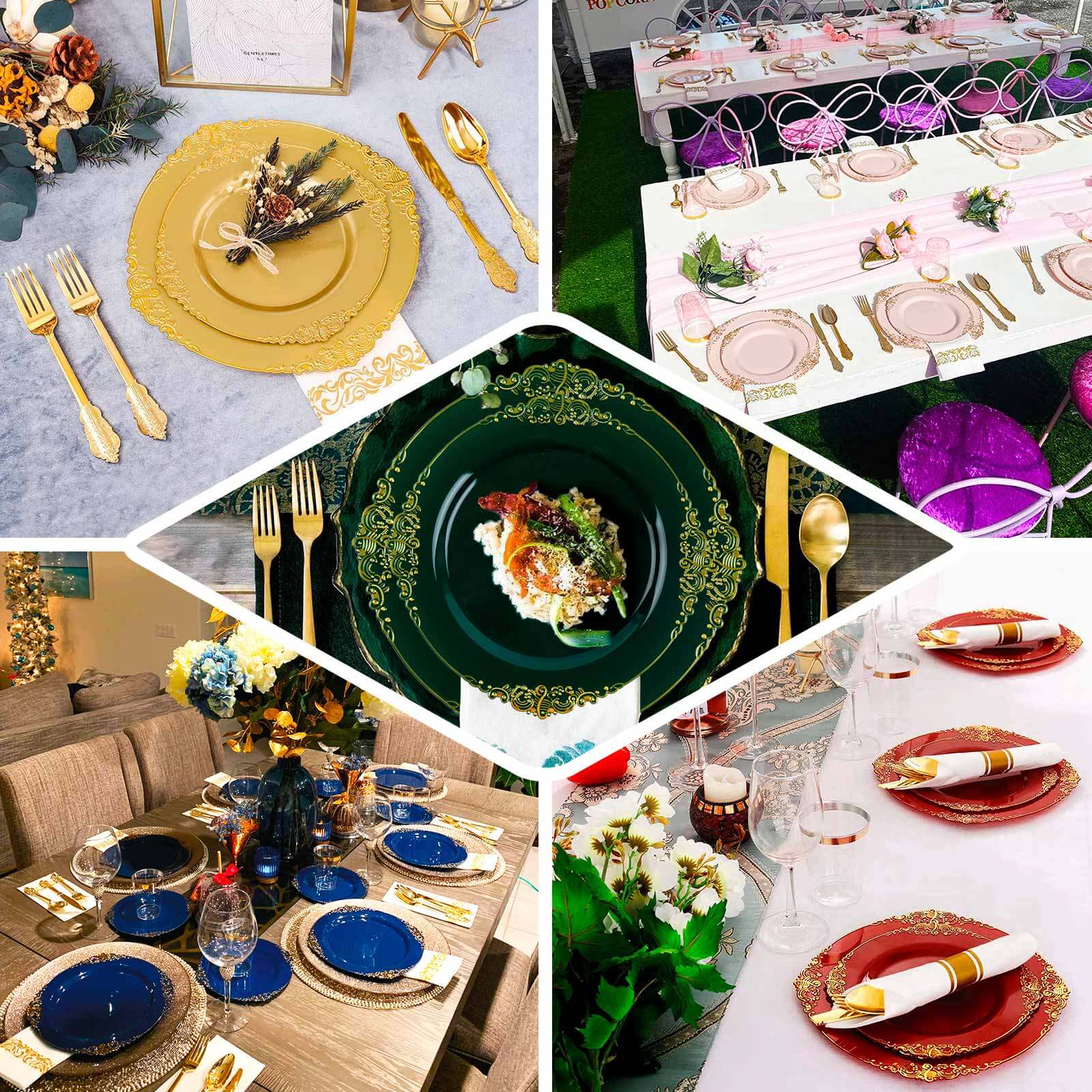 10-Pack Disposable Vintage Blush Plastic Round Dessert Plates with Gold Leaf Embossed Rim - Ideal for Events