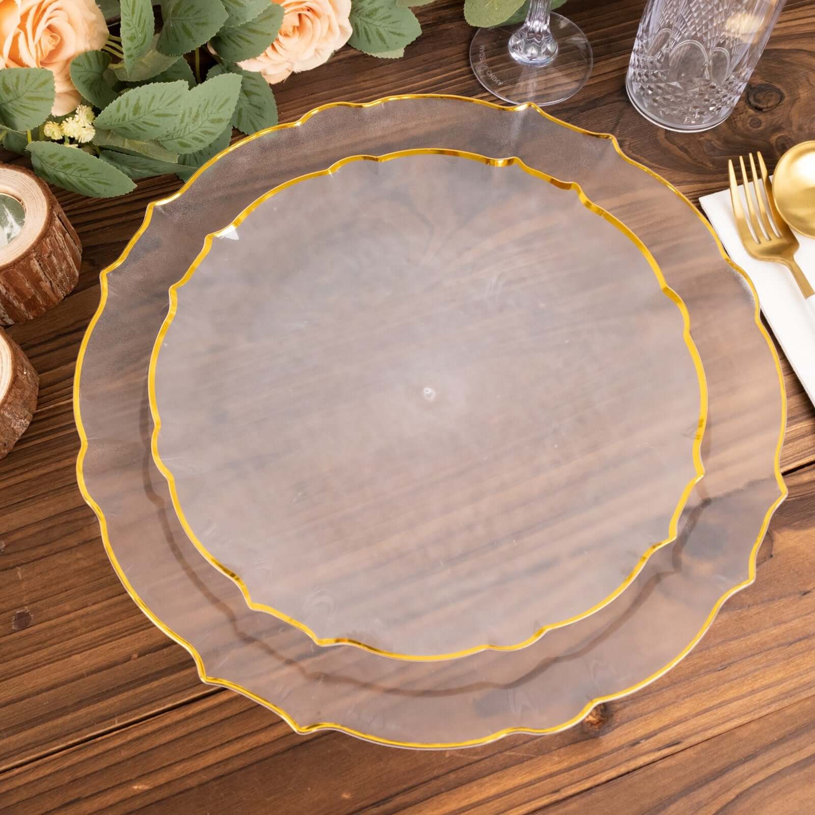 10-Pack Clear Plastic Round Dessert Plates with Gold Scalloped Sunflower Rim - Ideal for Special Events