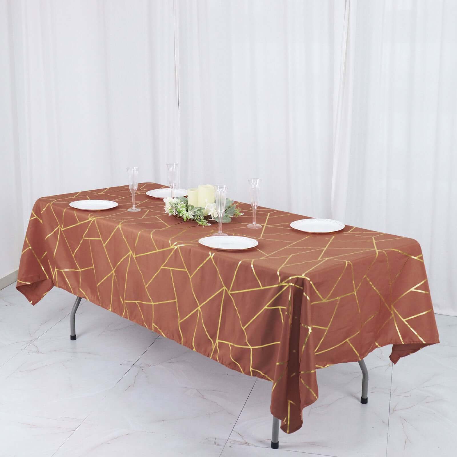 Wrinkle-Resistant & Durable Polyester Rectangle Tablecloth in Terracotta with Gold Foil Geometric Design - Ideal for Events