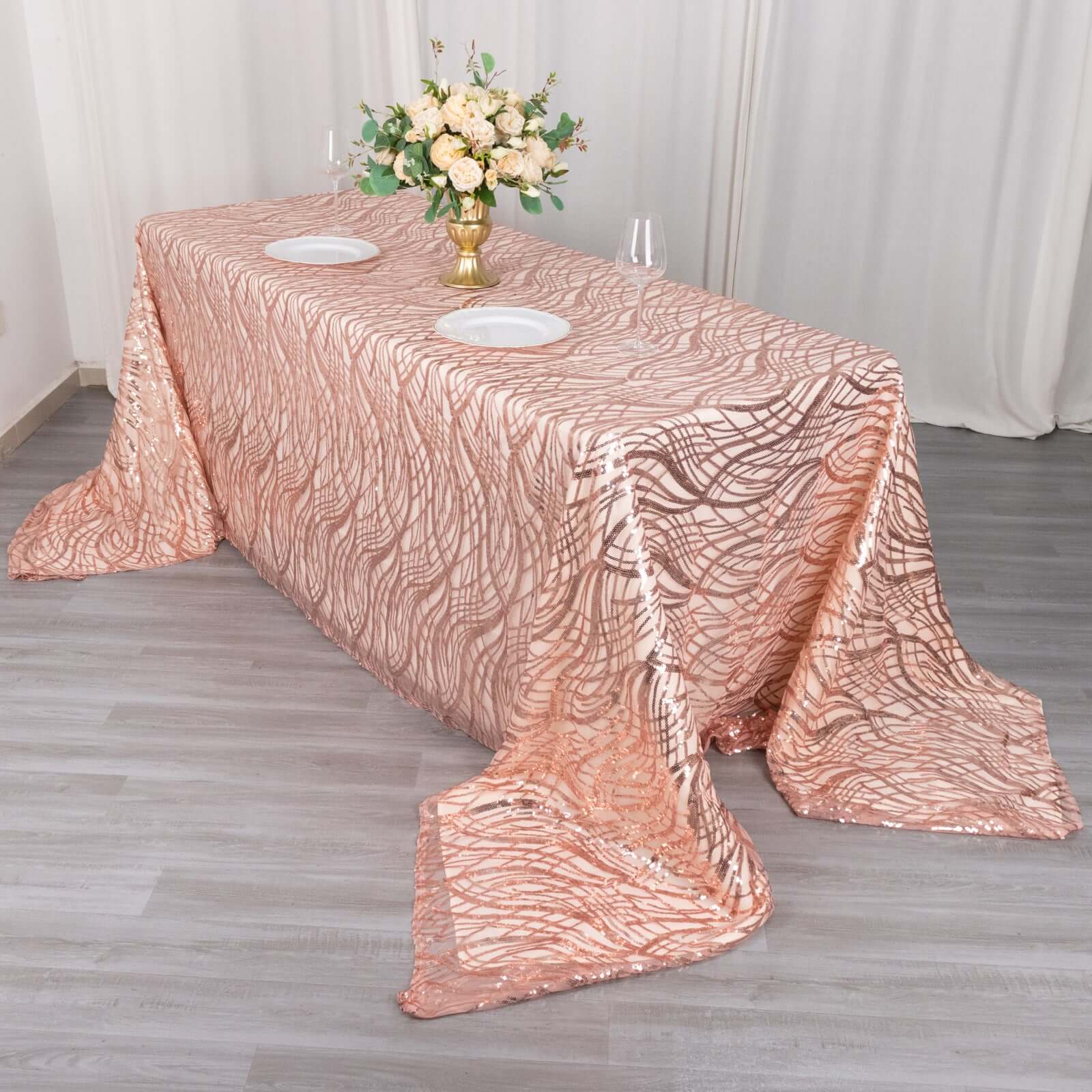 Sparkly Rose Gold Sequin Embroidered Mesh Rectangle Tablecloth (90x156) for Special Events