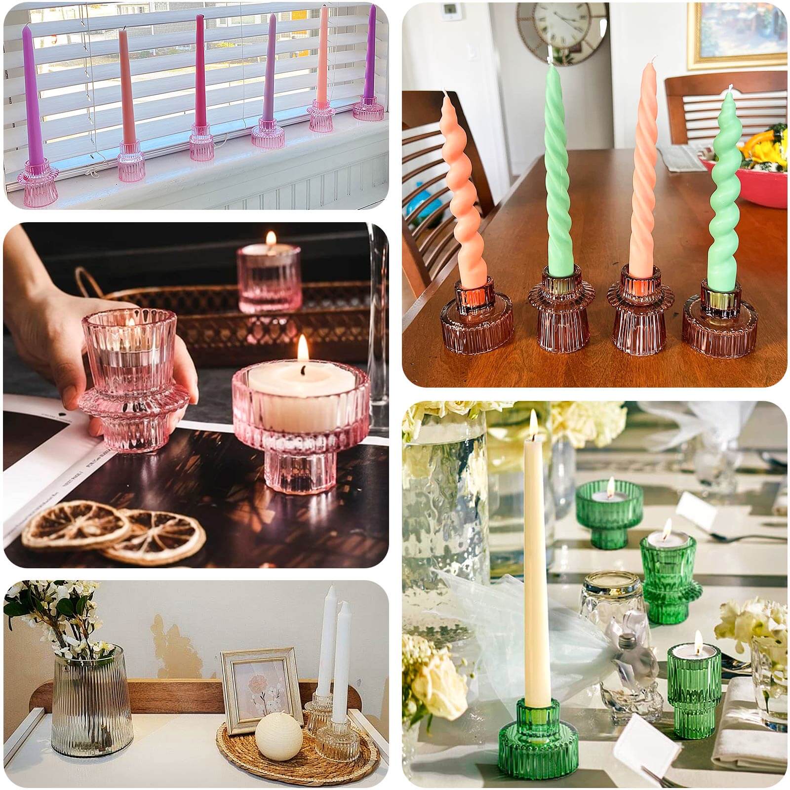 Hot Sale! Set of 6 Amber Gold Glass Taper Candle Holders with Ribbed Crystal Design