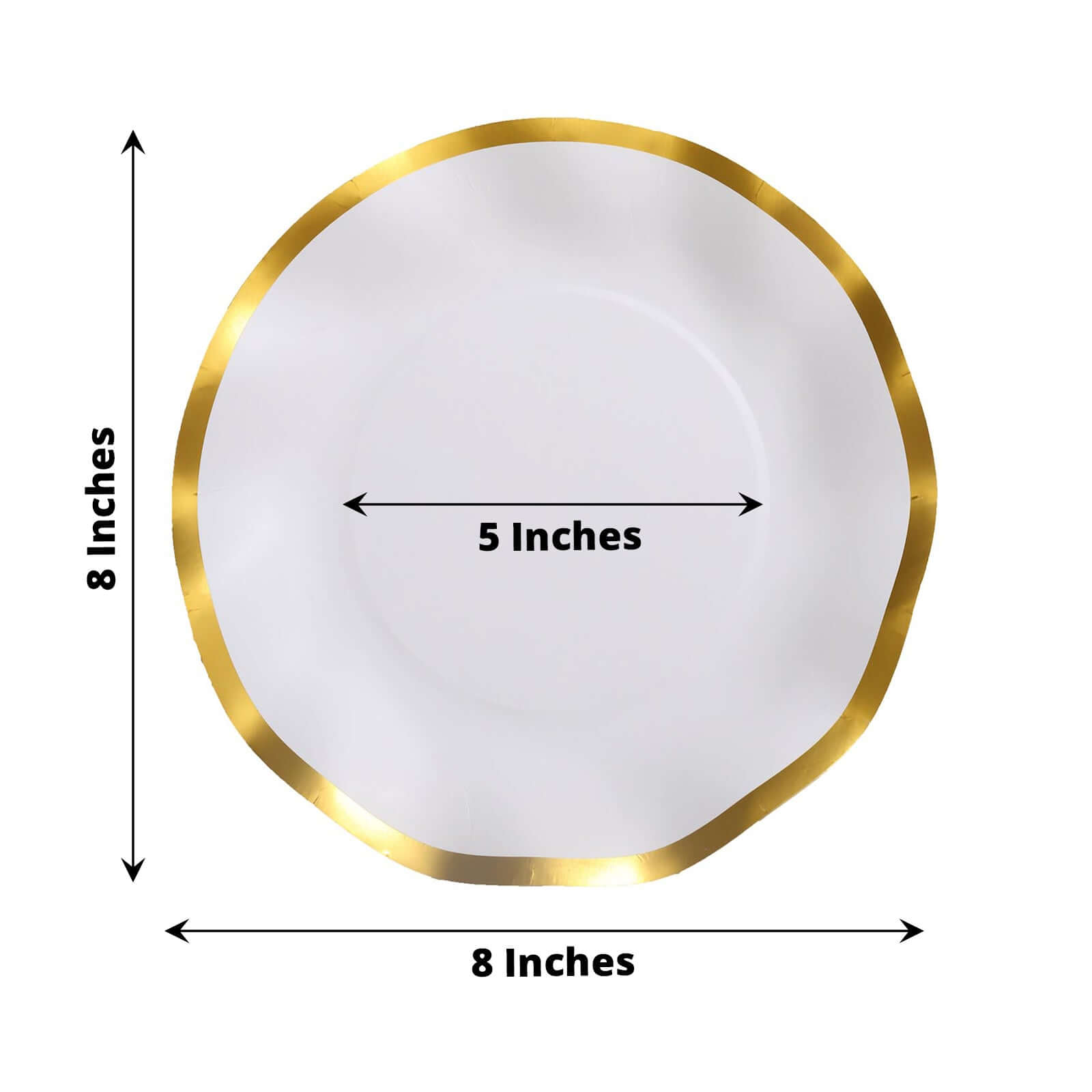 25-Piece Set of Disposable 8-Inch Round Matte White Paper Dessert Plates with Gold Wavy Rim for Upscale Events