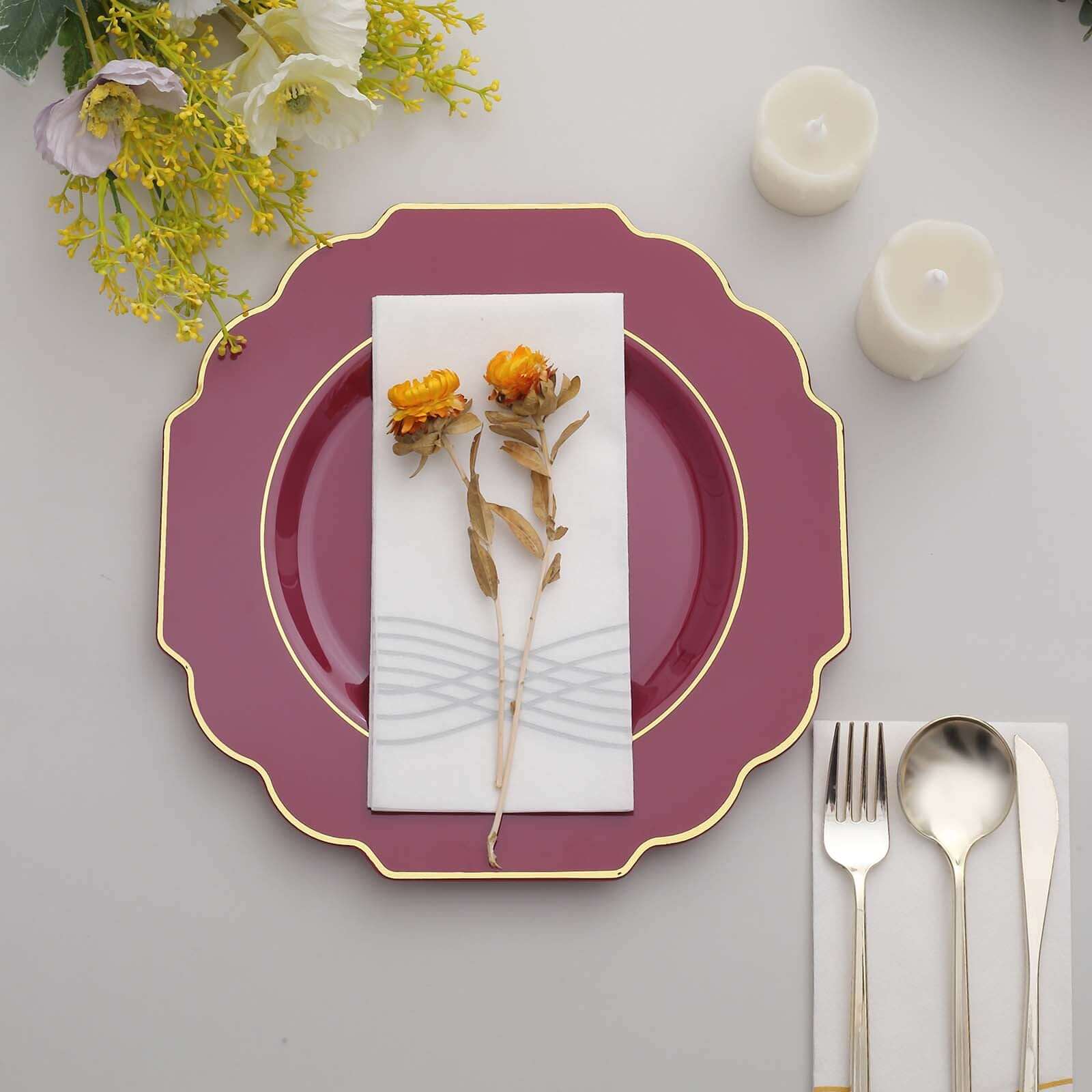 10-Piece Set of Heavy Duty Disposable Burgundy Baroque Dinner Plates with Scalloped Gold Rim