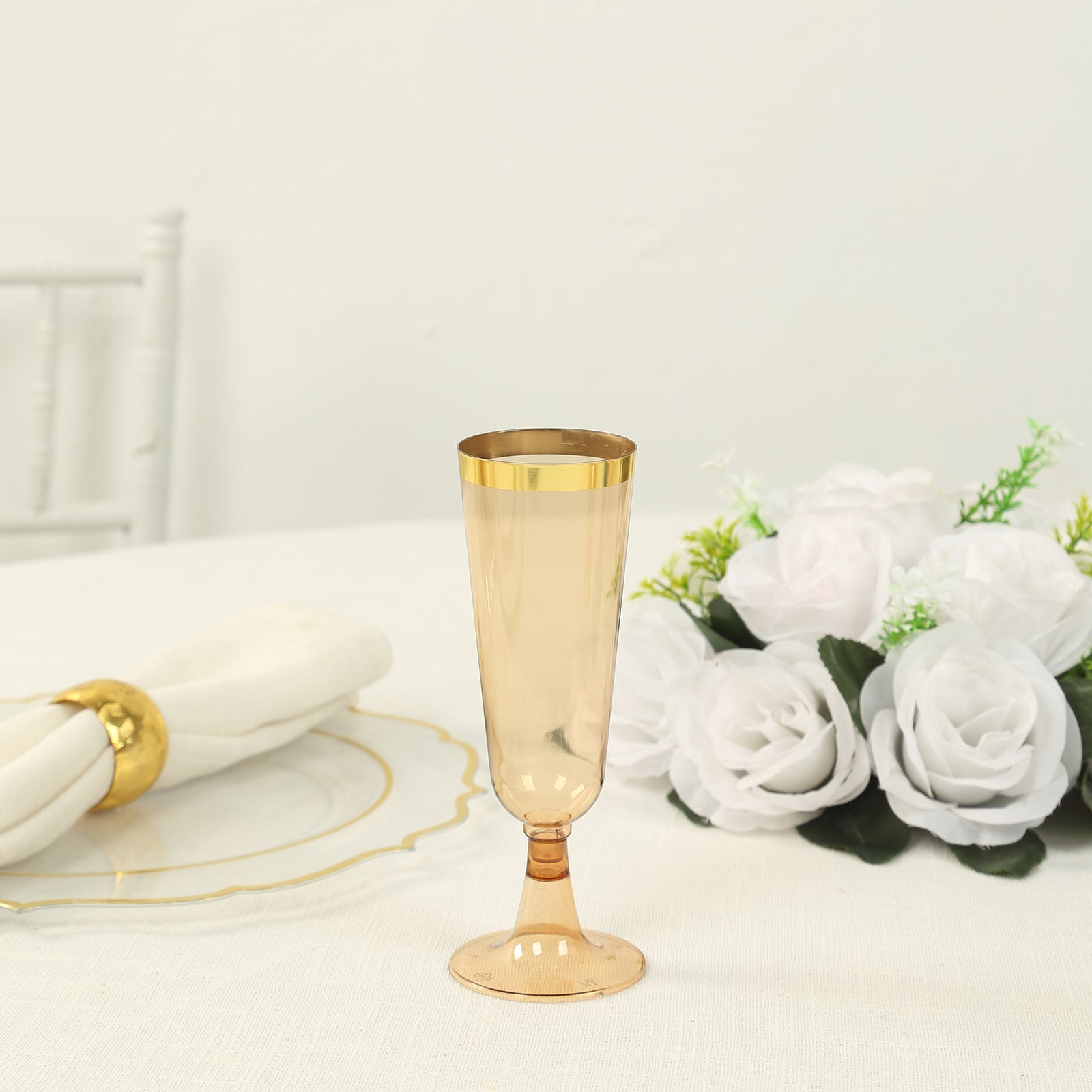 Stylish Disposable 5oz Plastic Champagne Flutes in Transparent Amber Gold with Gold Rim - 12-Pack for Parties