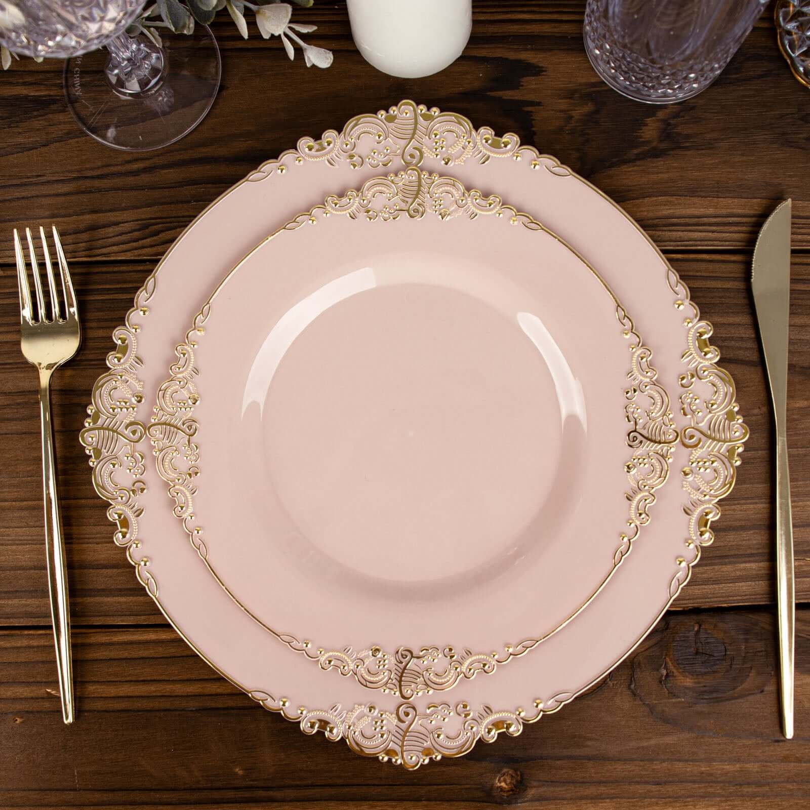 10-Pack Disposable Vintage Blush Plastic Round Dessert Plates with Gold Leaf Embossed Rim - Ideal for Events