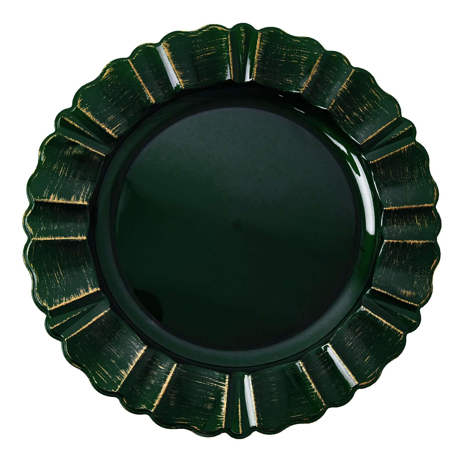 Hot Sale! 6-Pack 13-Inch Hunter Emerald Green Acrylic Plastic Round Charger Plates with Gold Brushed Wavy Scalloped Rim for Dinner Parties
