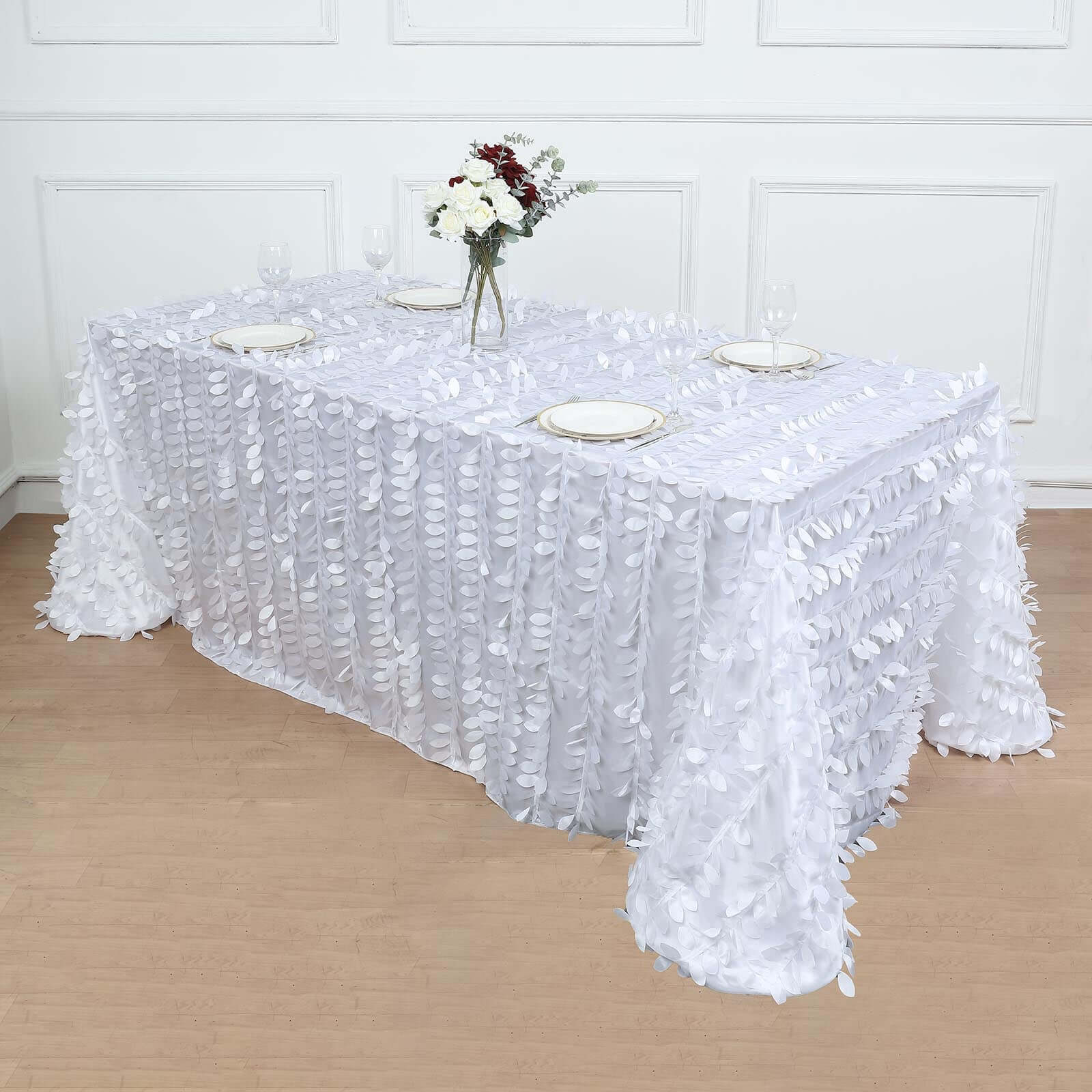 White Taffeta Rectangle Tablecloth 90x132 | 3D Leaf Petal Design for Elegant Weddings & Events