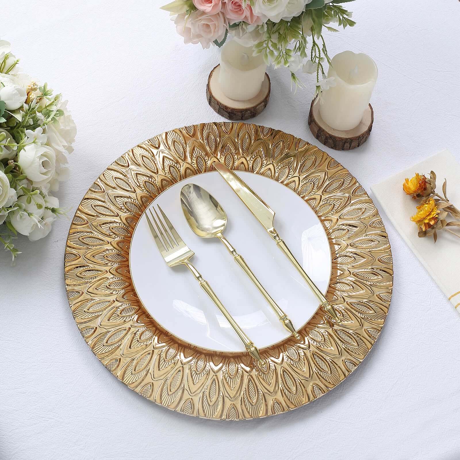 Hot Sale! 6-Piece Set of 13-Inch Gold Plastic Charger Plates with Embossed Peacock Design