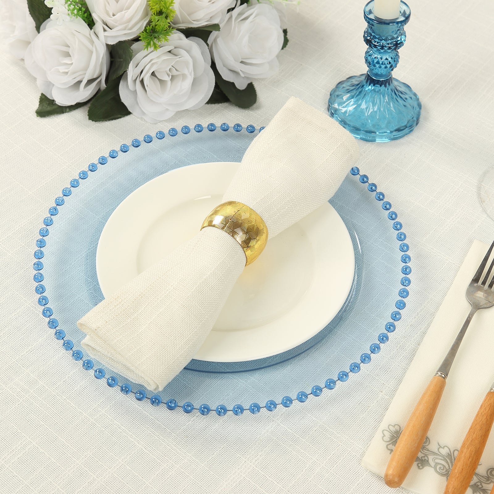 10-Piece Set of Disposable Round Plastic Dinner Plates in Transparent Dusty Blue with Beaded Edge