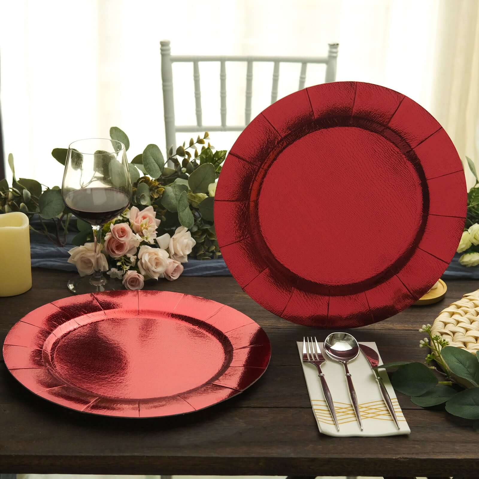 10-Pack Disposable Red Round Charger Plates with Leathery Look - 1100GSM Durable Cardboard Placemats (13" Outer)