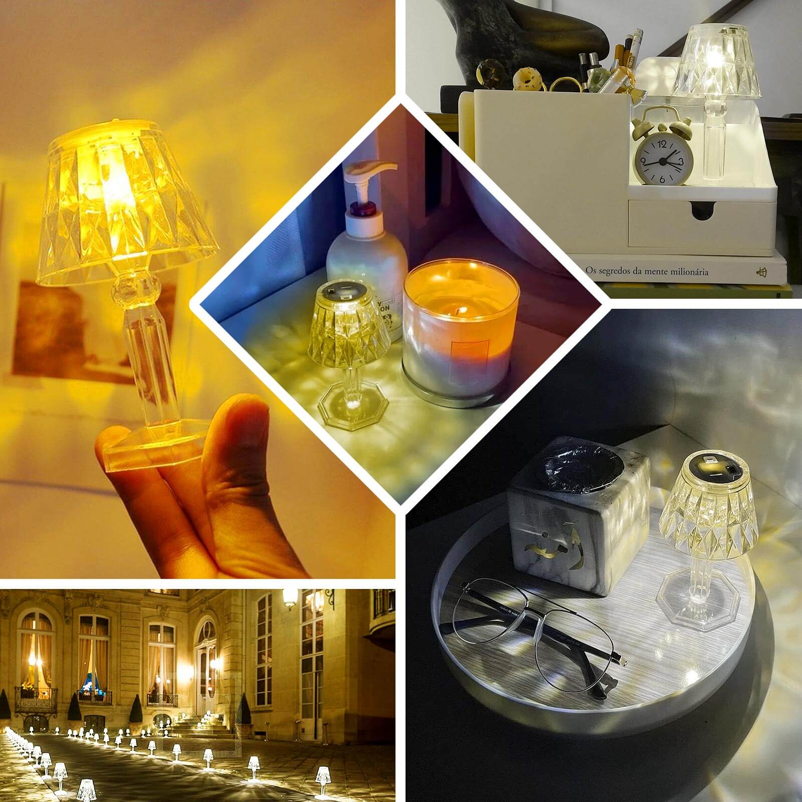 6-Piece Set of Clear Acrylic LED Warm White Accent Night Lights with Diamond Design, 4.5 inches Tall