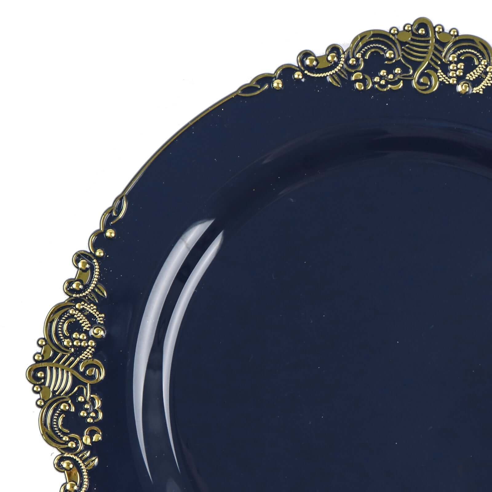 10-Pack Disposable Navy Blue Plastic Dinner Plates with Gold Leaf Embossed Rim - Vintage Baroque Style