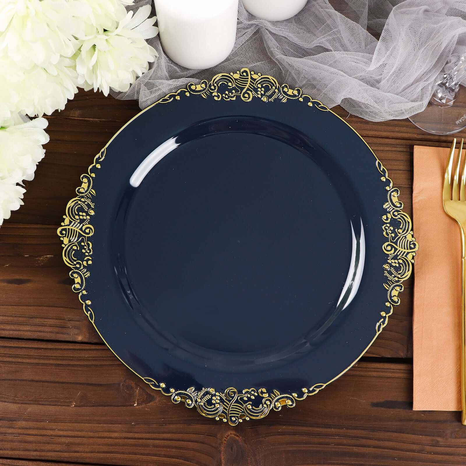 10-Pack Disposable Navy Blue Plastic Dinner Plates with Gold Leaf Embossed Rim - Vintage Baroque Style