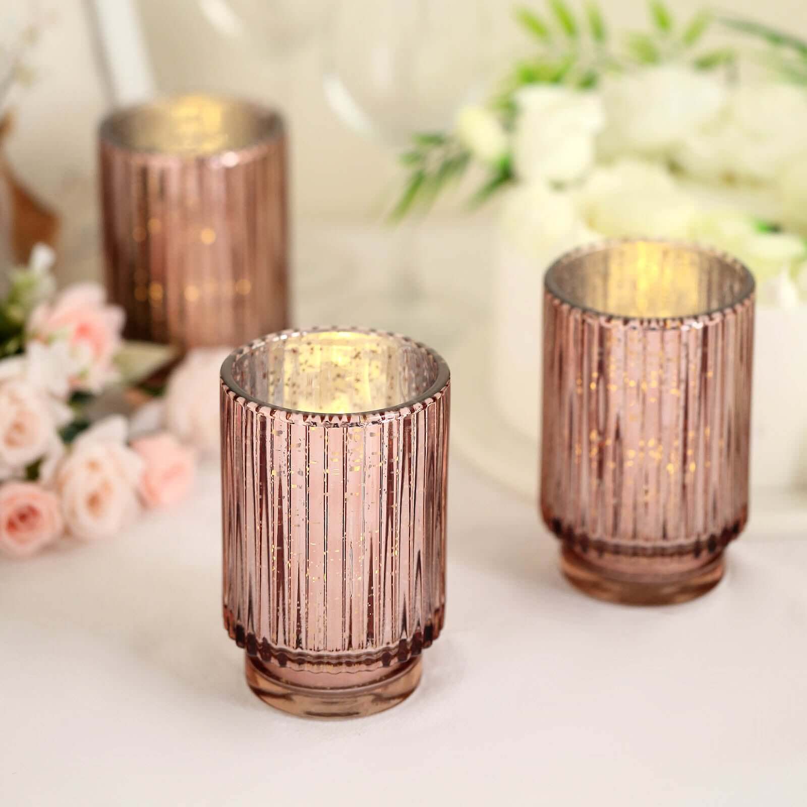 Hot Deal! 3-Pack Rose Gold Wavy Mercury Glass Hurricane Candle Holders