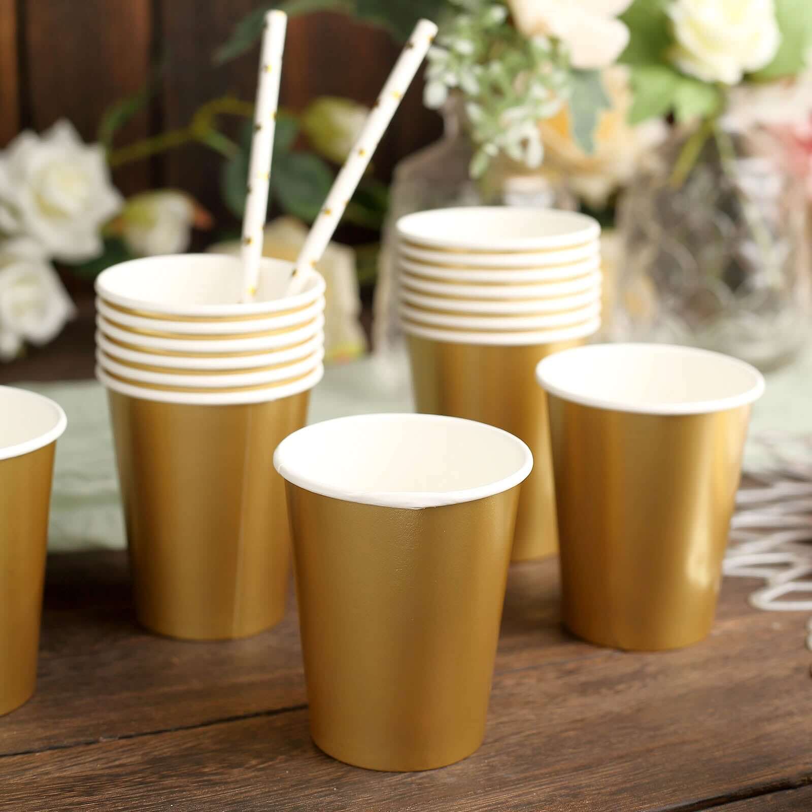 Get 24-Pack 9oz Metallic Gold Disposable Paper Cups for Hot & Cold Drinks
