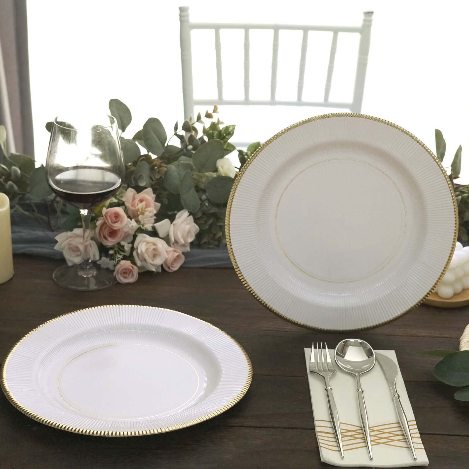 25-Pack Disposable 10-Inch White Sunray Dinner Plates with Gold Rim, 350GSM Heavy Duty
