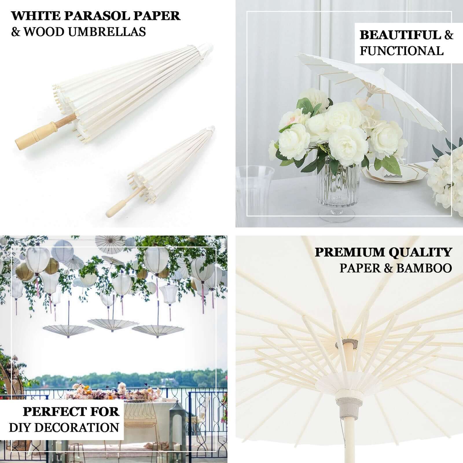 Hot Deal! 2-Pack White Paper and Bamboo Parasol Umbrellas Ideal for Bridal Shower Photos and Table Decor
