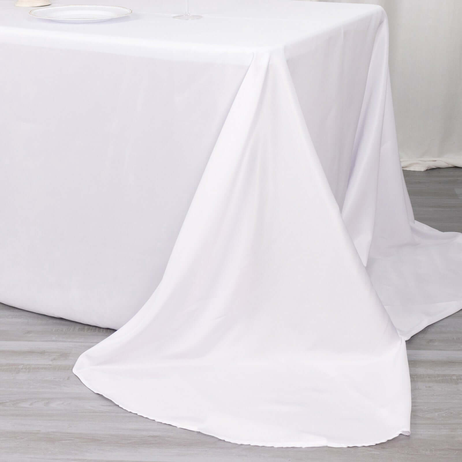 White 90x156 Polyester Rectangle Tablecloth with Rounded Corners for Elegant Events