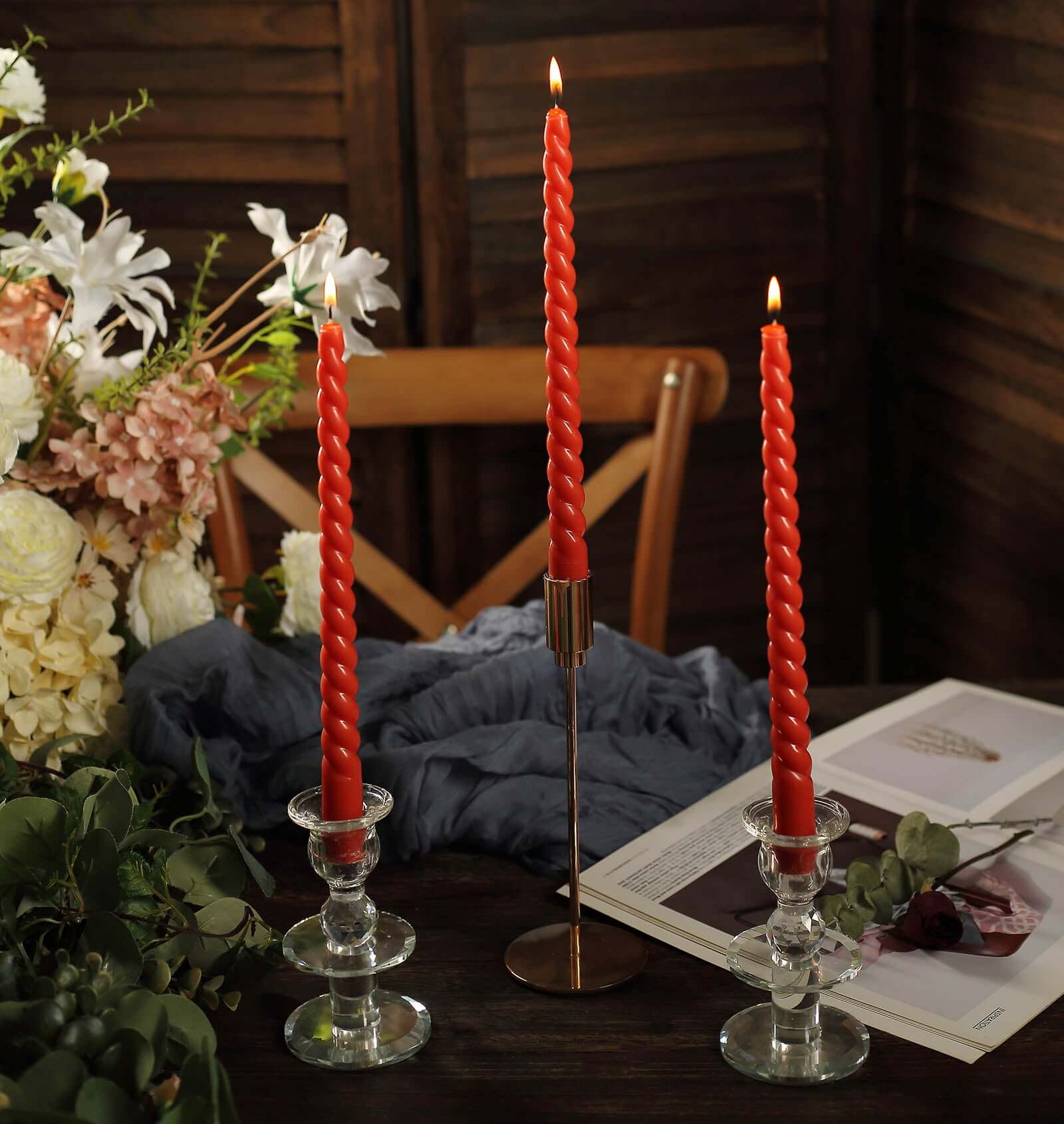 Premium 12-Pack Unscented Terracotta (Rust) Spiral Taper Dinner Candles, 11.25