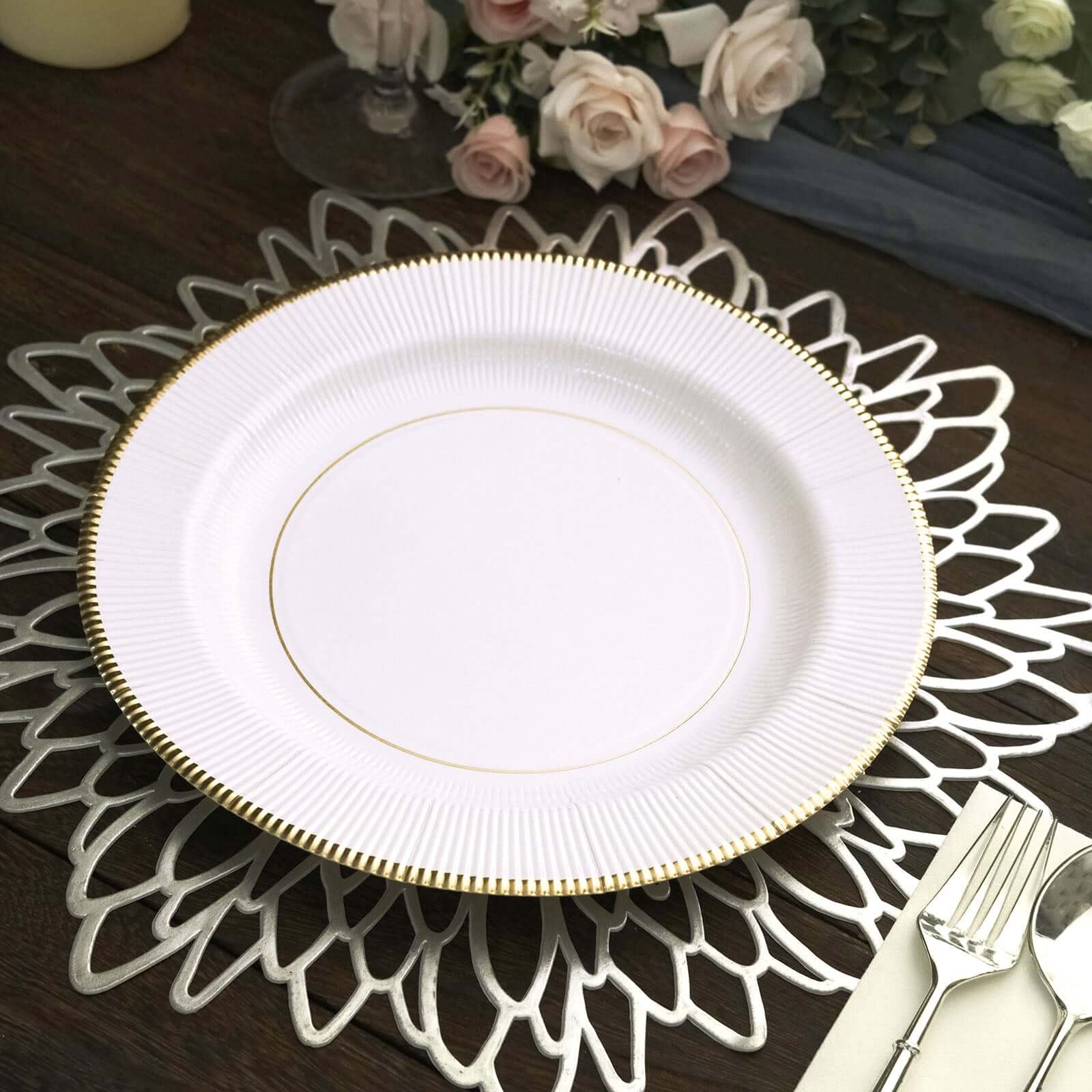 25-Pack Disposable 10-Inch White Sunray Dinner Plates with Gold Rim, 350GSM Heavy Duty