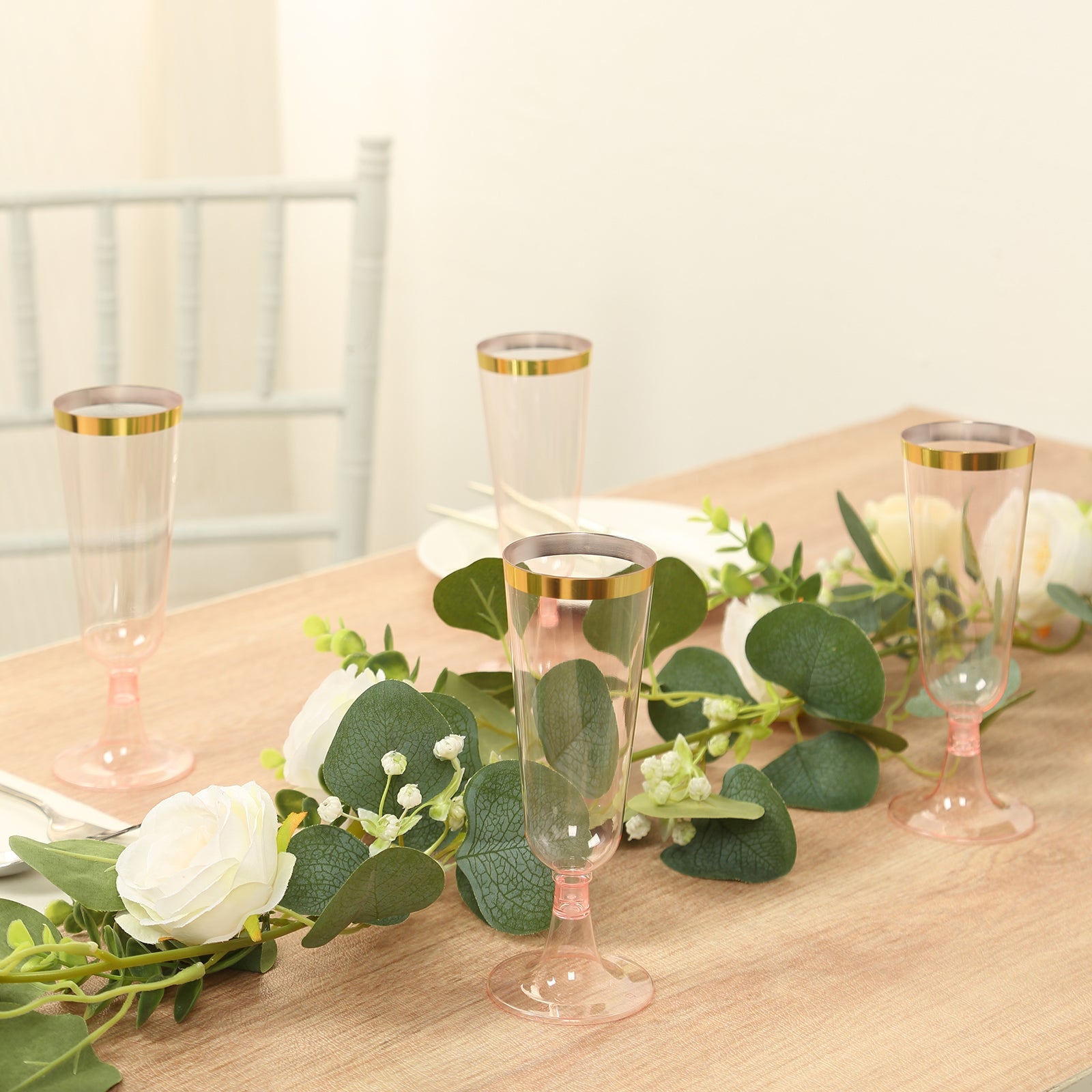 12-Pack Disposable 5oz Transparent Blush Plastic Champagne Flutes with Gold Rim for Parties