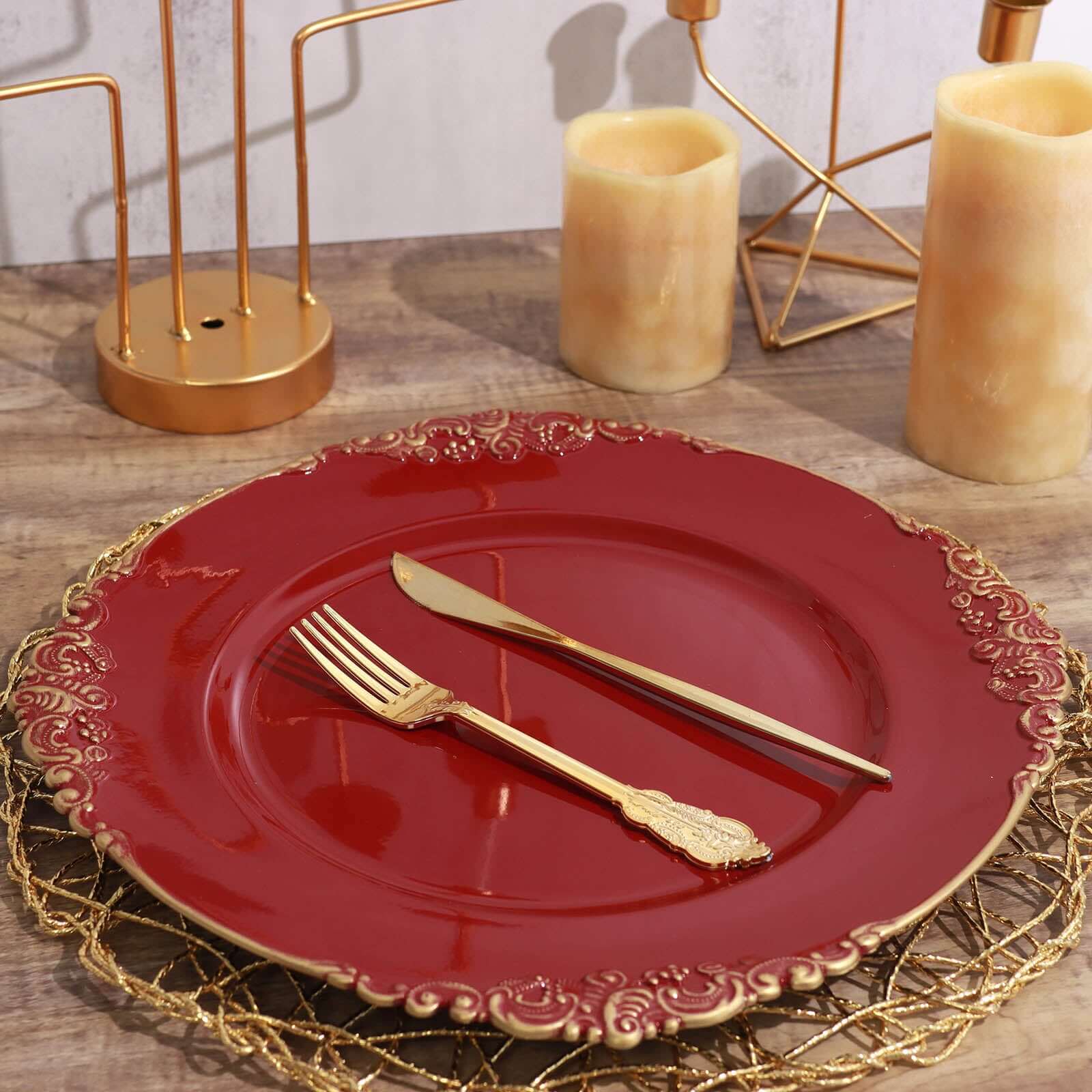 6-Piece Set of 13-Inch Burgundy Acrylic Round Charger Plates with Gold Embossed Baroque Rim for Decorative Dinners