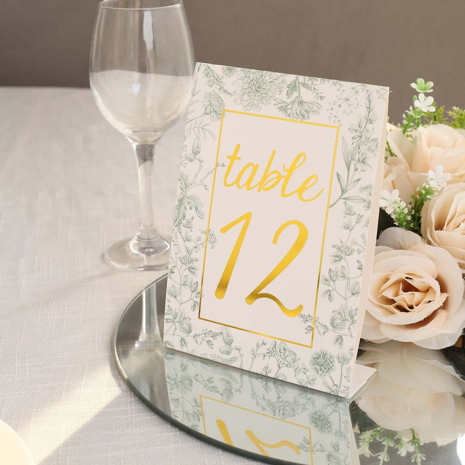 25-Pack Wedding Table Numbers 1 - 25: White/Sage Green French Toile Design with Gold Foil, Free Standing Double Sided Signs