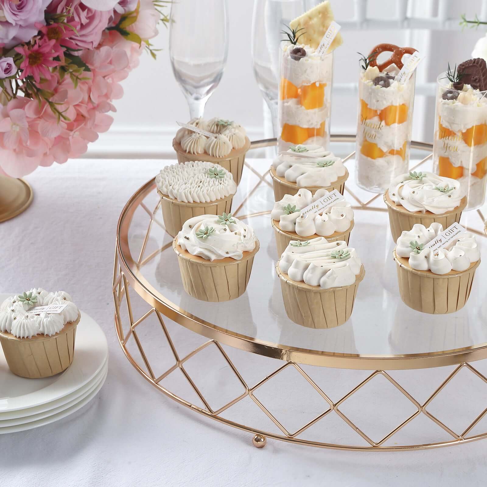14-Inch Gold Metal Cake Stand with Geometric Diamond Cut Design and Glass Top for Dessert Display