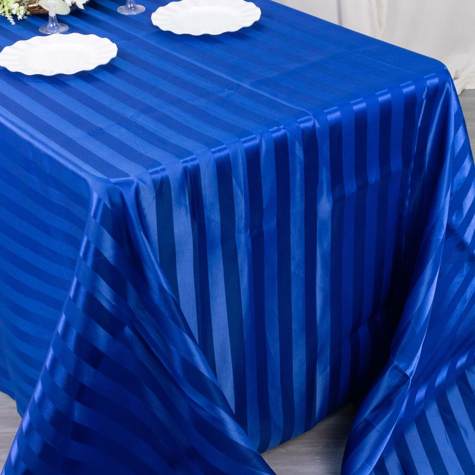 Royal Blue Satin Striped 90x132 Rectangular Tablecloth - Seamless & Smooth, Great Deal!