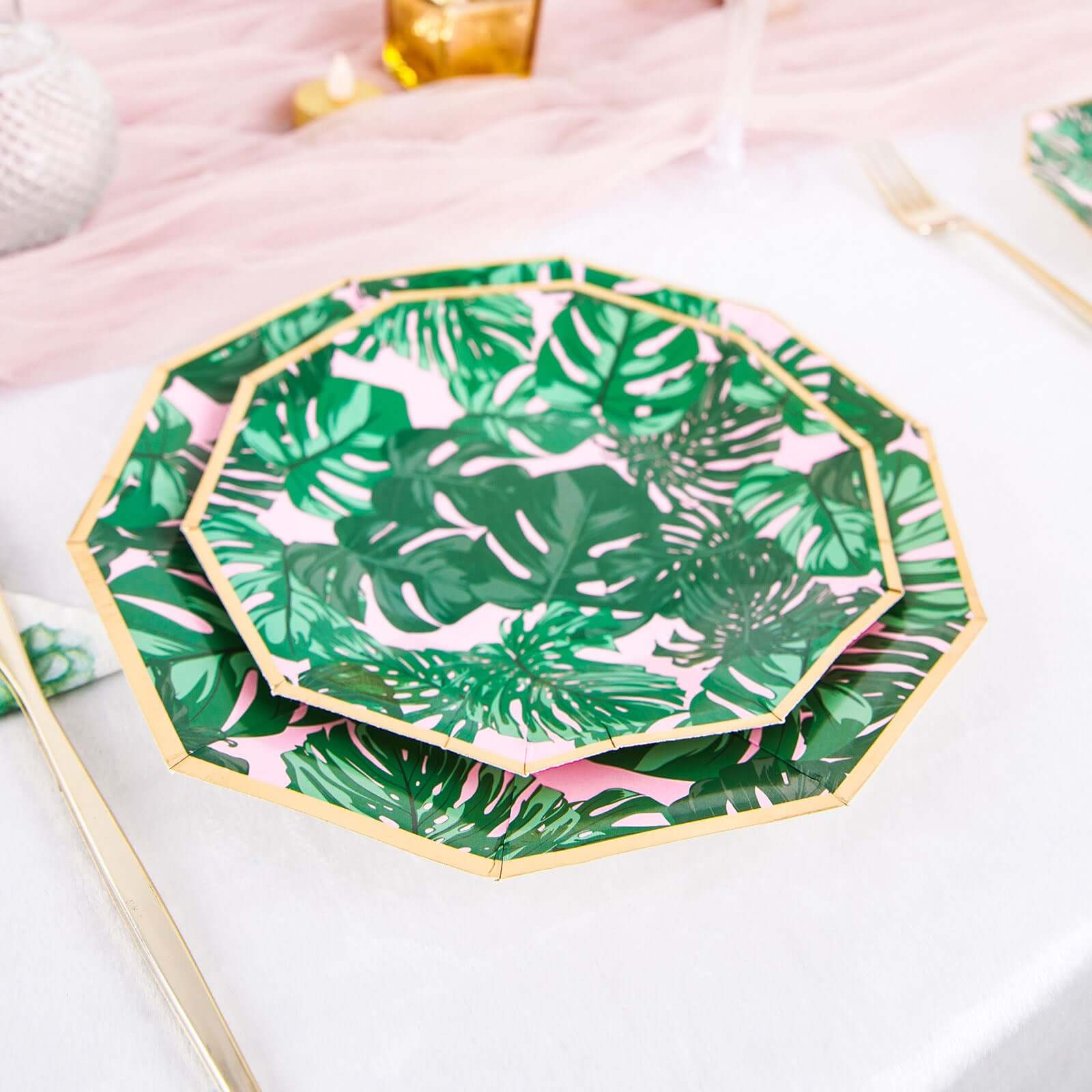 Hot Deal! 25-Pack Disposable 7-Inch Pink Paper Decagon Dessert Plates with Green Tropical Palm Leaves & Gold Rim for Boho & Jungle Events