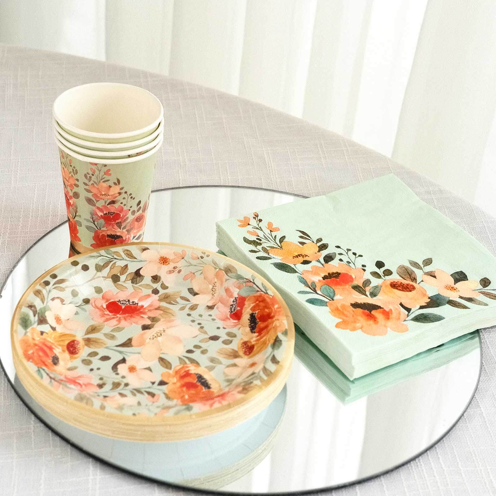 72-Piece Disposable Paper Dinnerware Set with Pink Floral and Sage Green Design