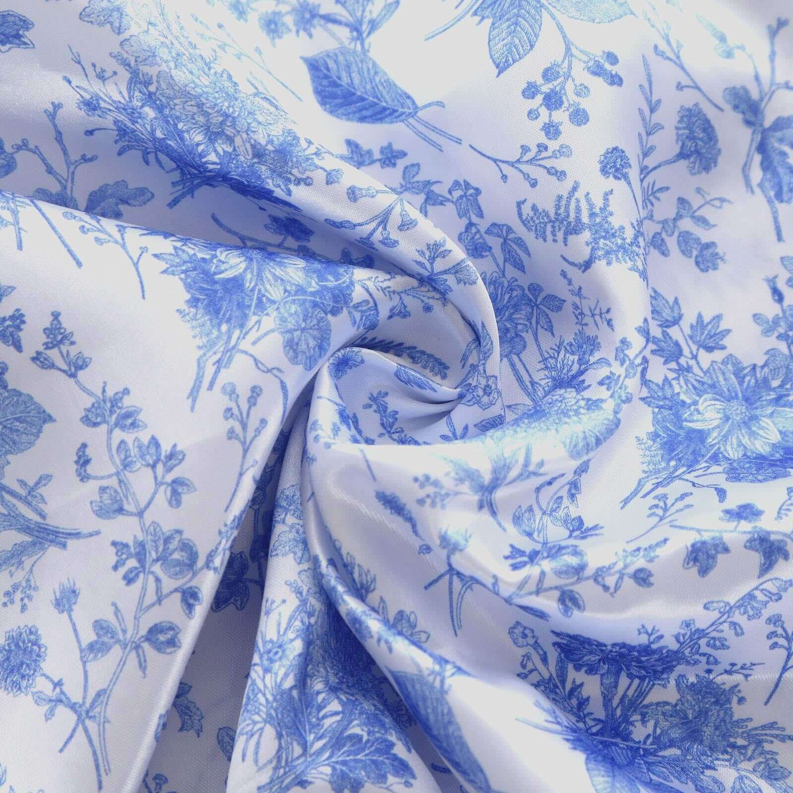 Exclusive Satin 90x132 Rectangular Tablecloth - White/Blue French Toile Design, Wrinkle-Resistant