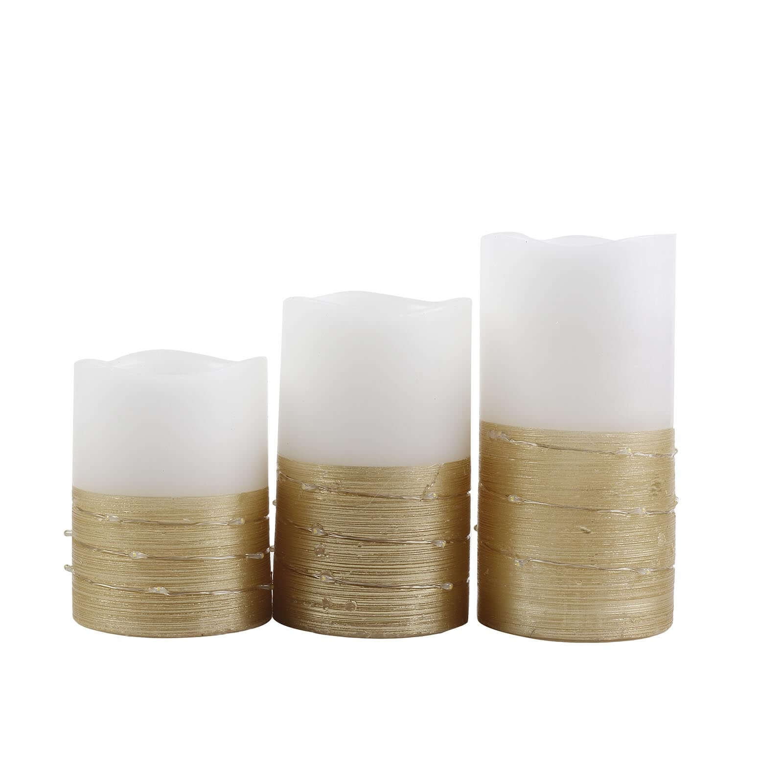 Remote-Controlled Set of 3 Gold LED Flameless Pillar Candles with Fairy String Lights (4', 5', 6')
