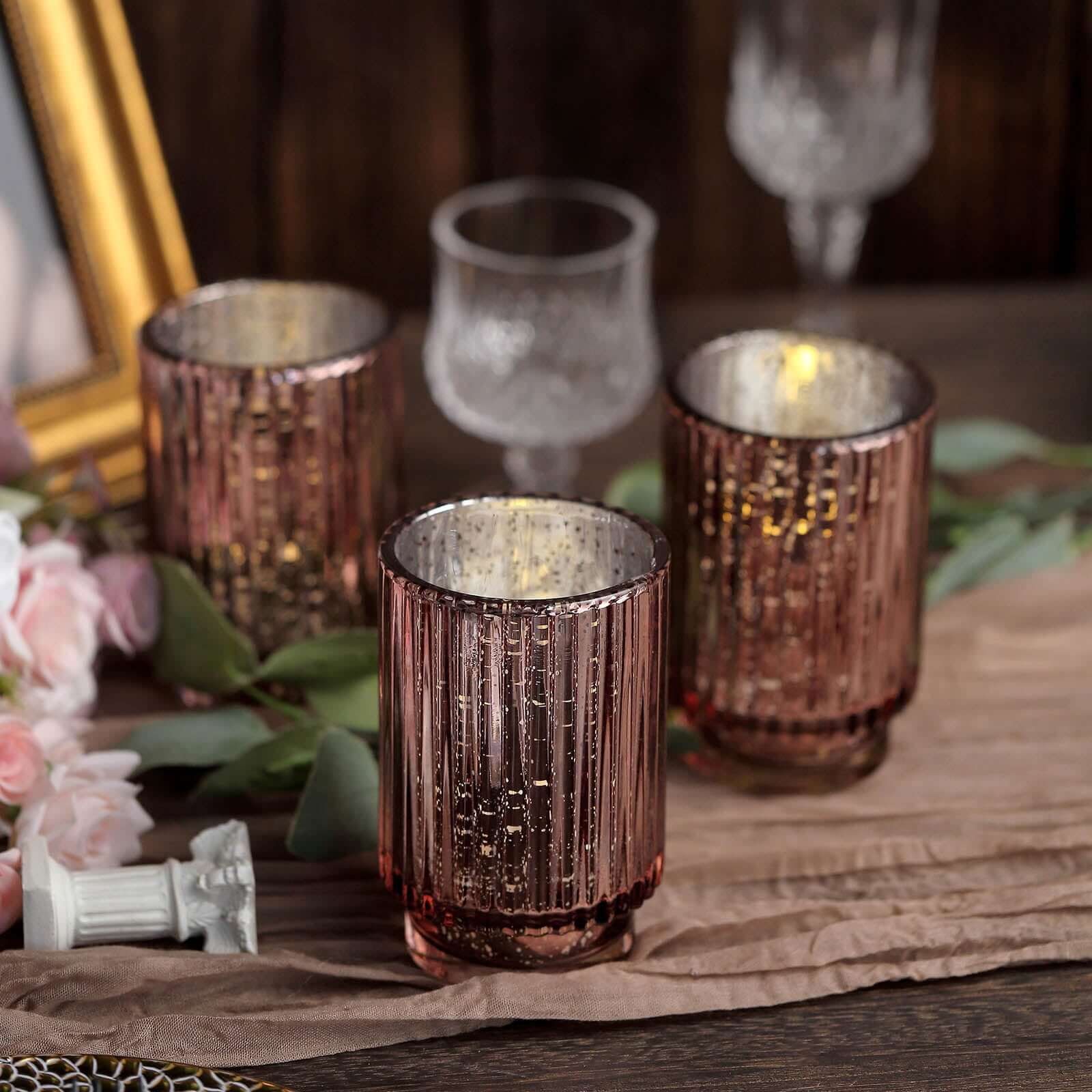Hot Deal! 3-Pack Rose Gold Wavy Mercury Glass Hurricane Candle Holders