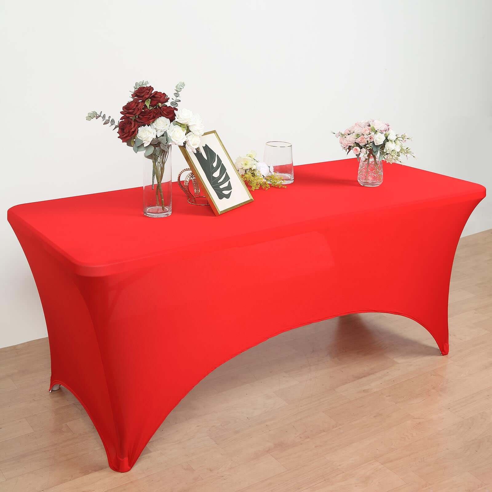 Red Stretch Spandex 96x30 Rectangle Table Cover with Curved Open Back for Professional Look