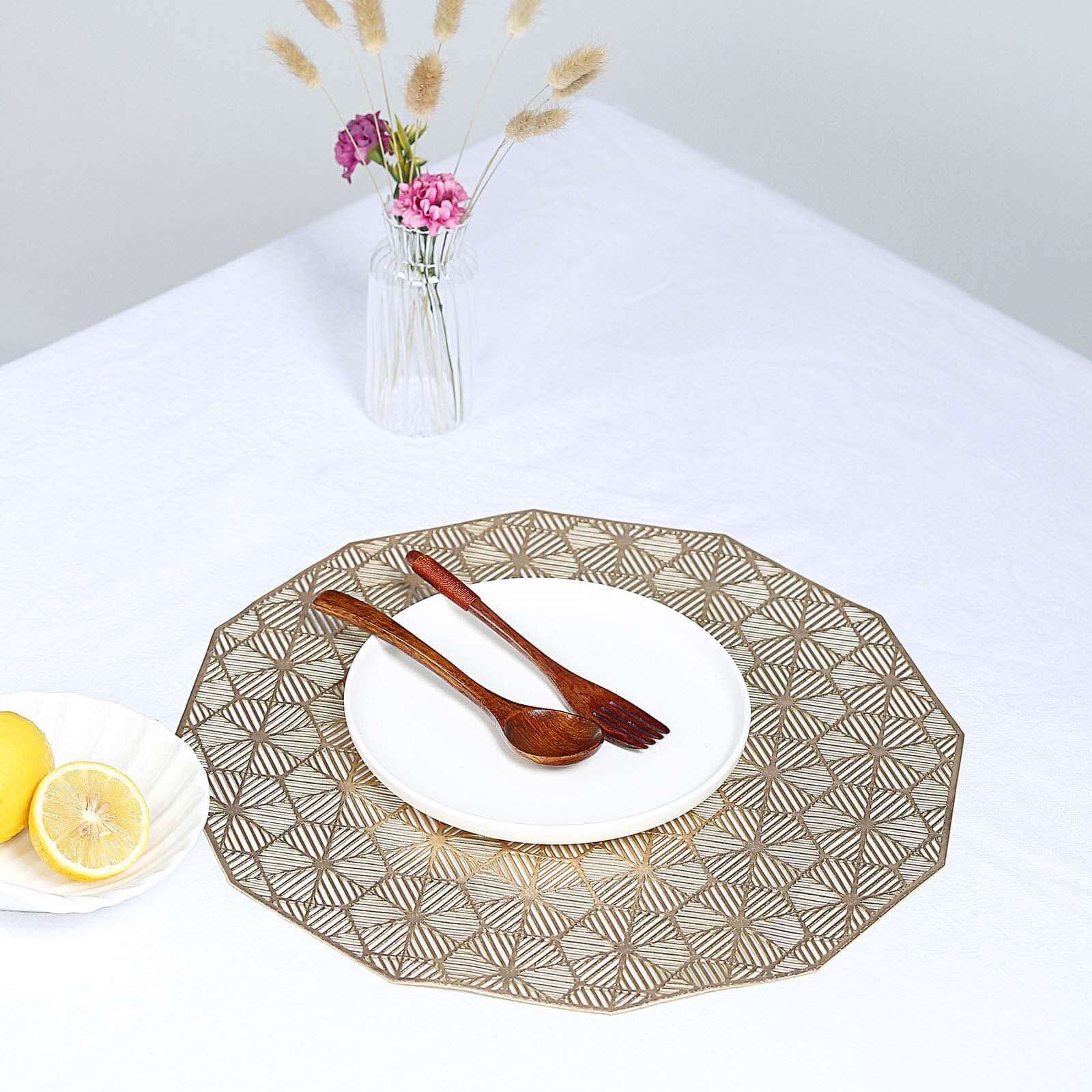 6-Piece Gold Geometric Woven Vinyl Dining Table Mats with Non-Slip Surface, 15 Inches