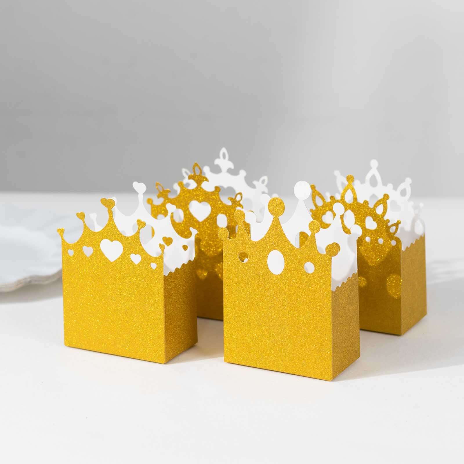 20-Pack Gold Glitter Princess Crown Cardstock Favor Boxes - Ideal for Weddings, Birthdays & Showers