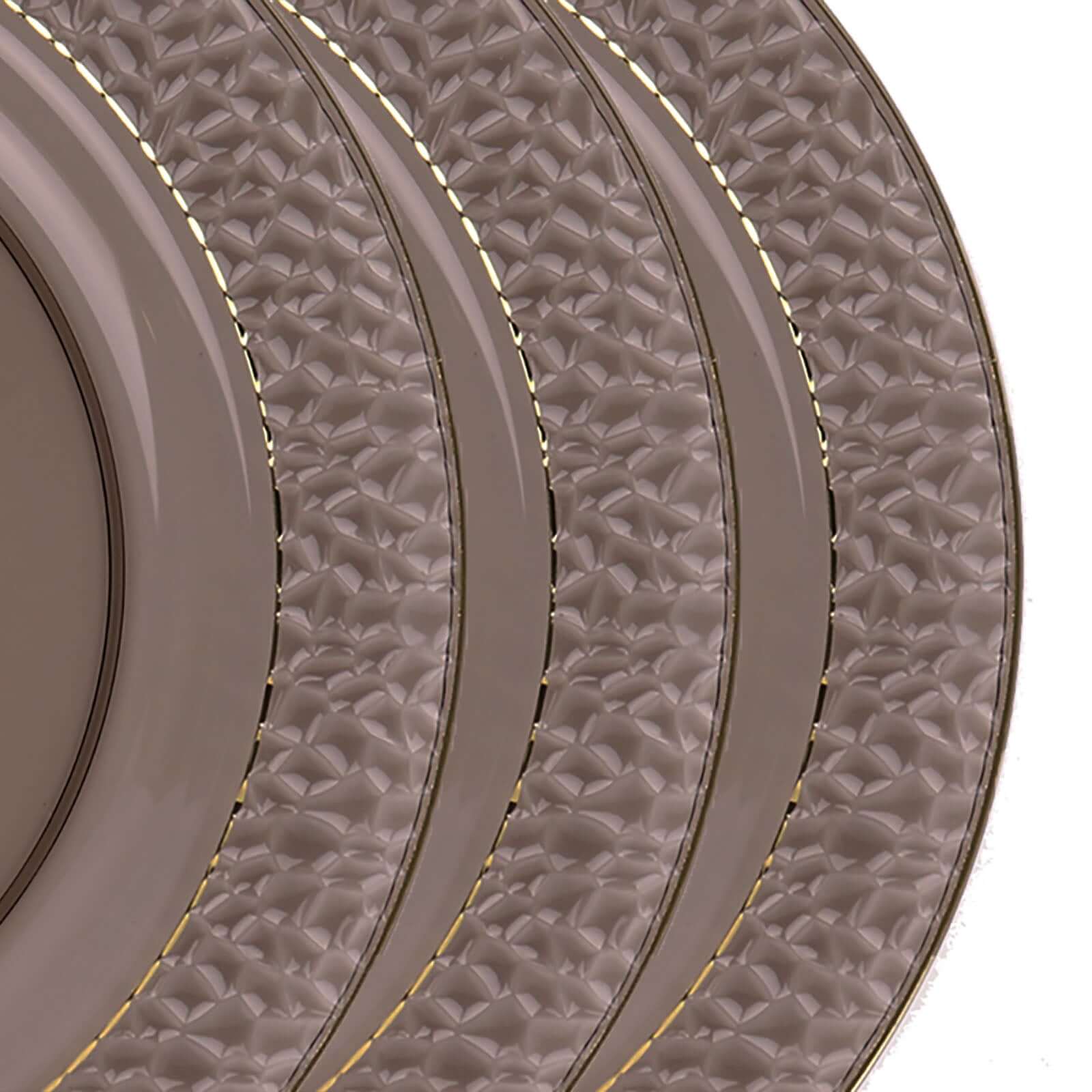 10-Piece Set of Disposable Round Dinner Plates in Opaque Black Hammered Design with Gold Rim for Elegant Parties