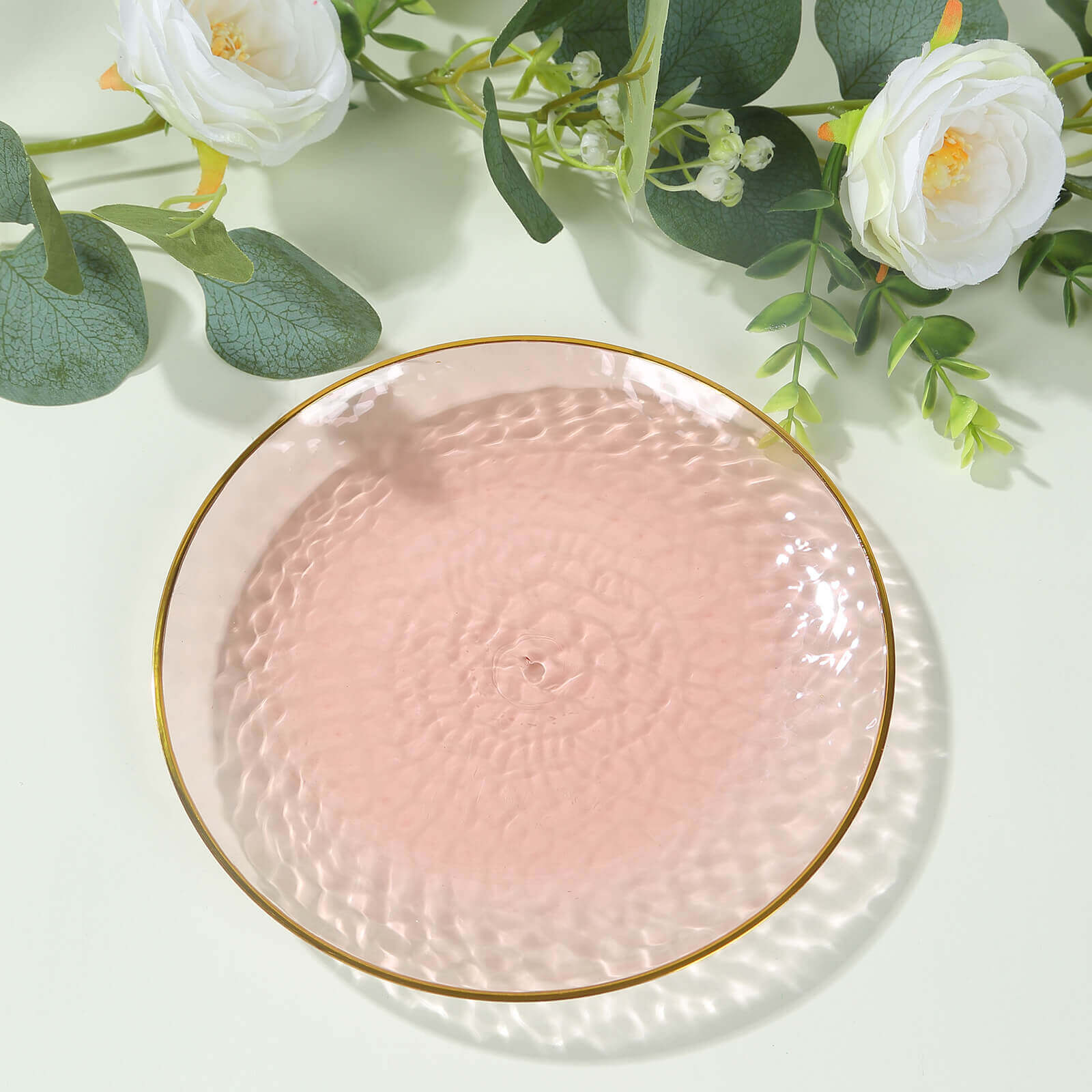 10-Pack Transparent Blush Hammered Plastic Round Dessert Plates with Gold Rim - Disposable & Modern