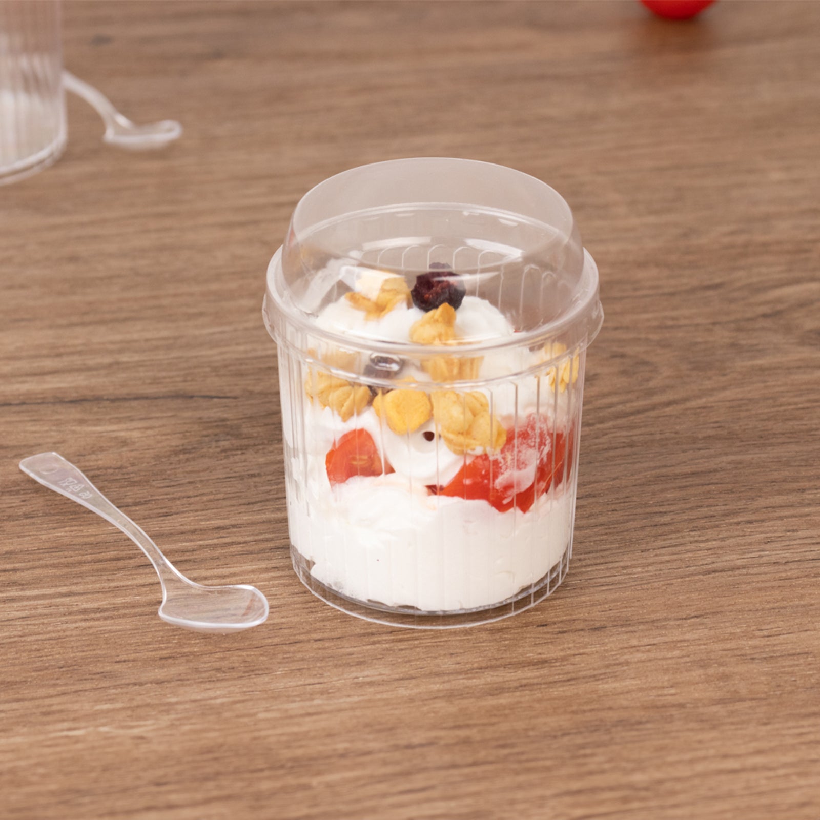 24-Pack 5oz Clear Ribbed Plastic Fruit Dessert Cups with Lid and Spoon - Ideal for Parfaits