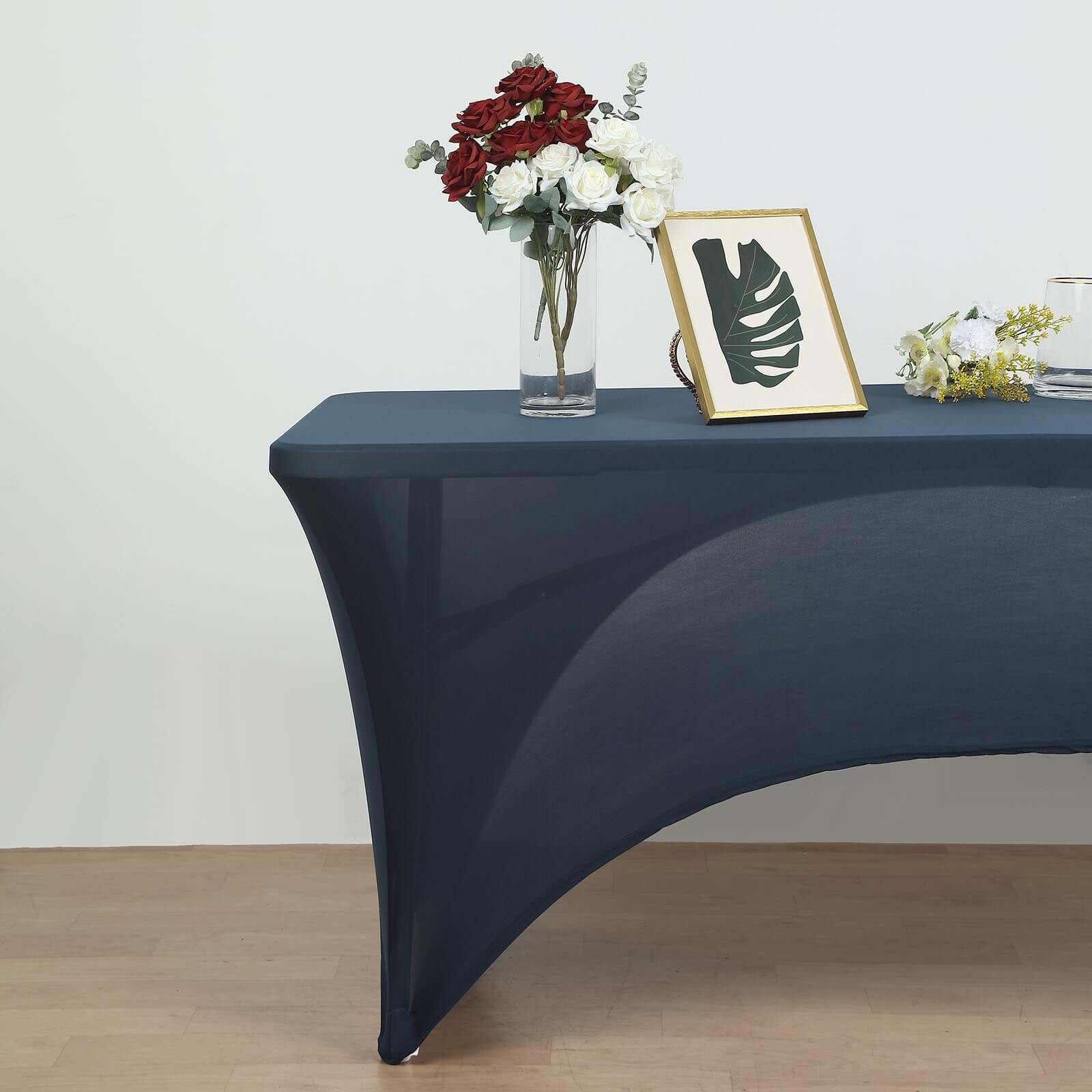 Navy Blue Stretch Spandex 96x30 Rectangle Table Cover with Curved Open Back - Professional Look