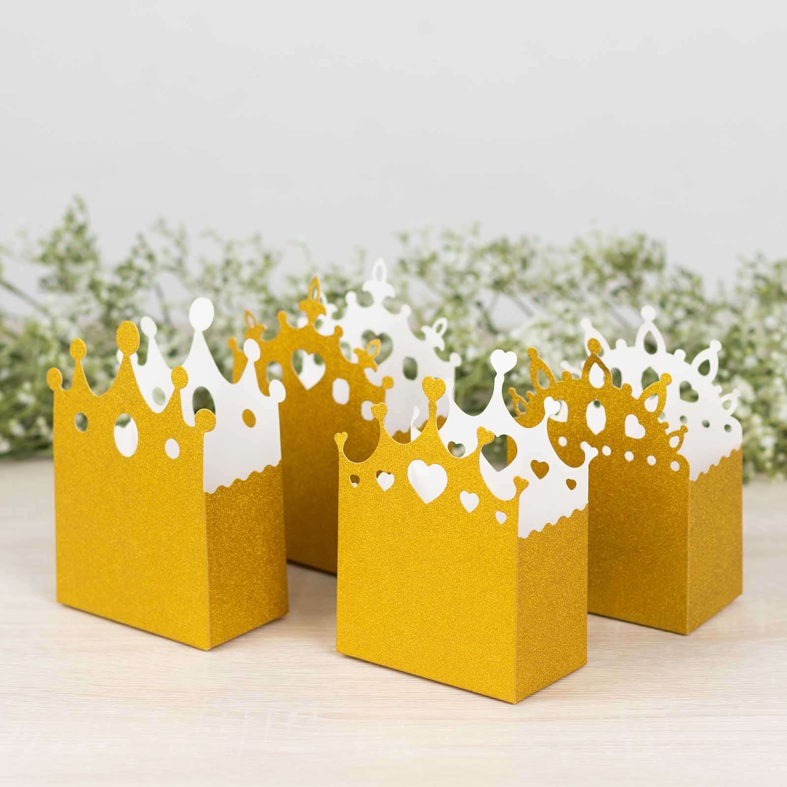 20-Pack Gold Glitter Princess Crown Cardstock Favor Boxes - Ideal for Weddings, Birthdays & Showers