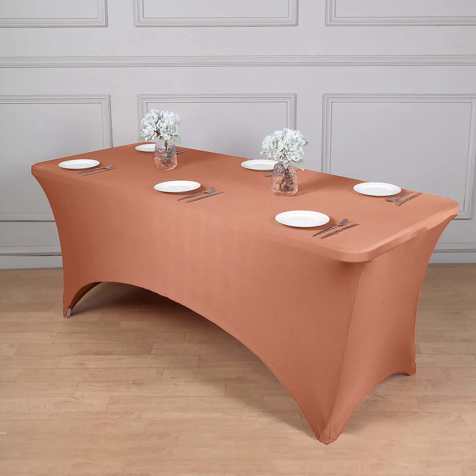 Hot Sale! Durable Form-Fitting Terracotta (Rust) Spandex Stretch Table Cover for 8ft Rectangular Tables