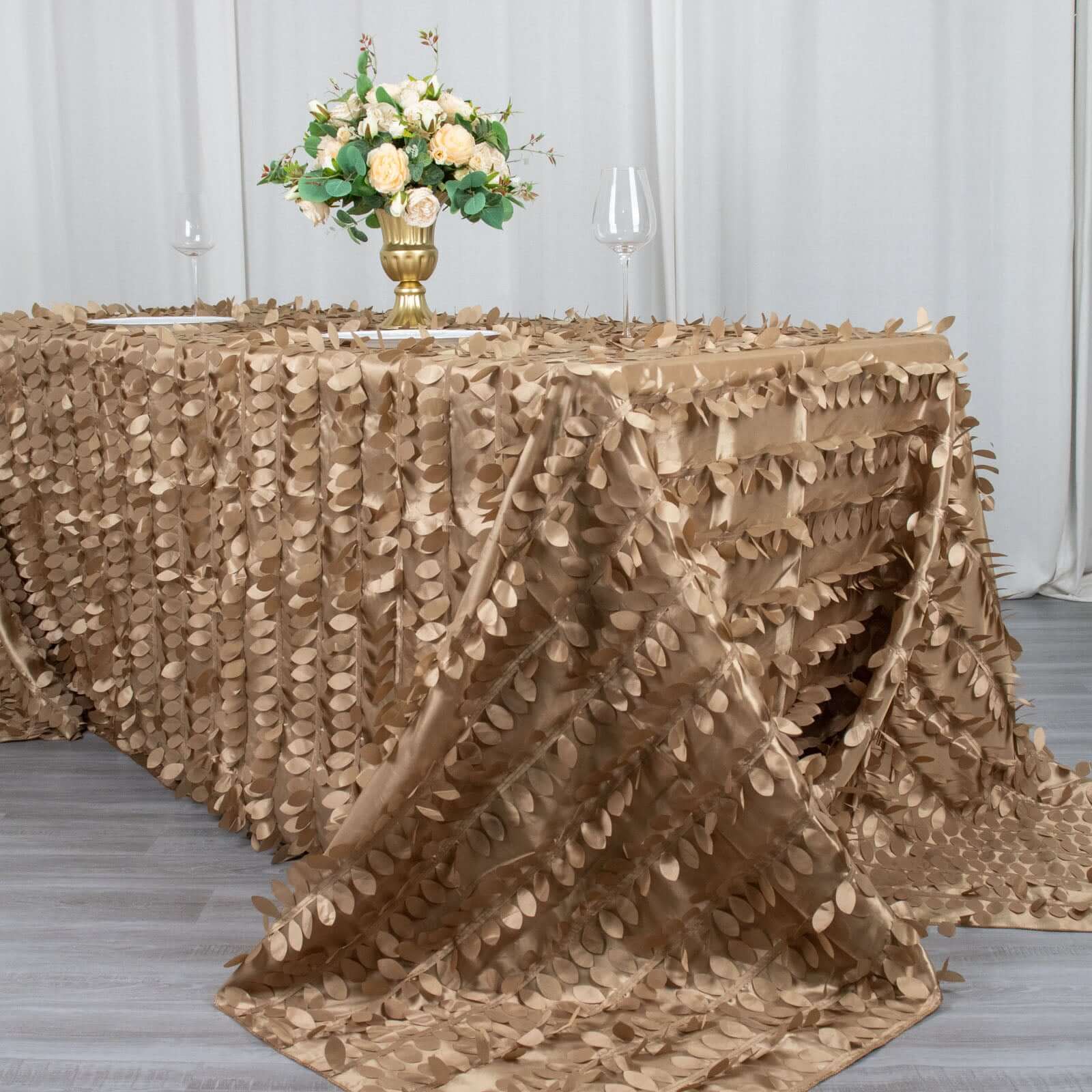 Taupe Taffeta 90x132 Rectangle Tablecloth with 3D Seamless Leaf Petal Design