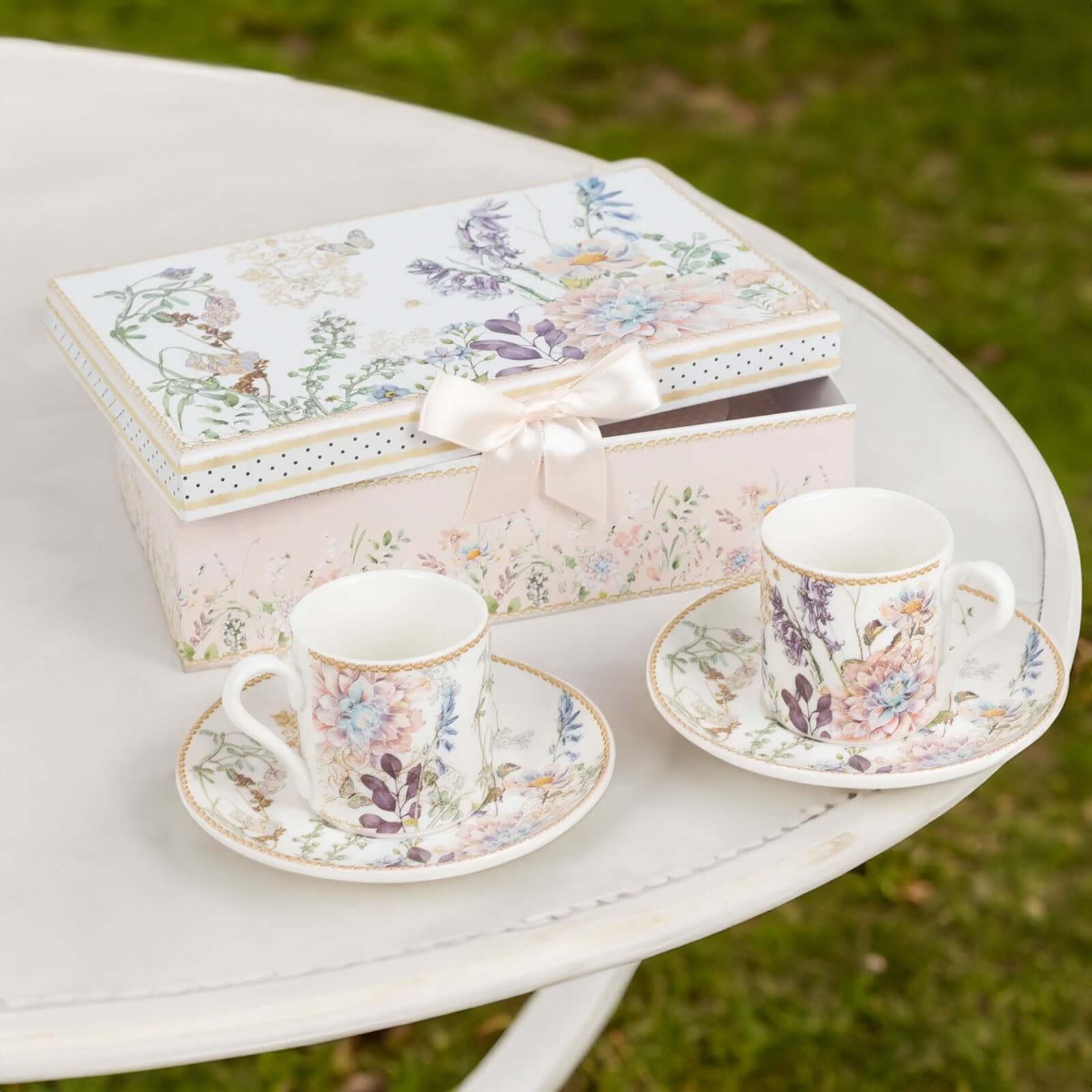 Blush Floral-Printed Porcelain Espresso Cups and Saucers Set of 2 with Gift Box