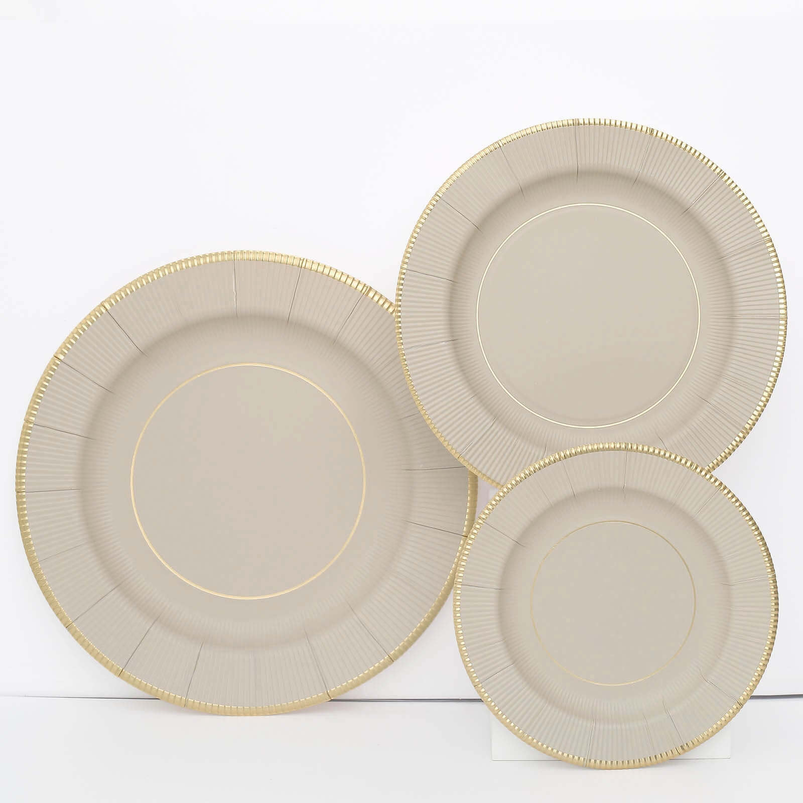 25-Piece Set of Disposable Heavy Duty 350GSM Paper Charger Plates in Taupe Sunray Design with Gold Rim, 13 Inches