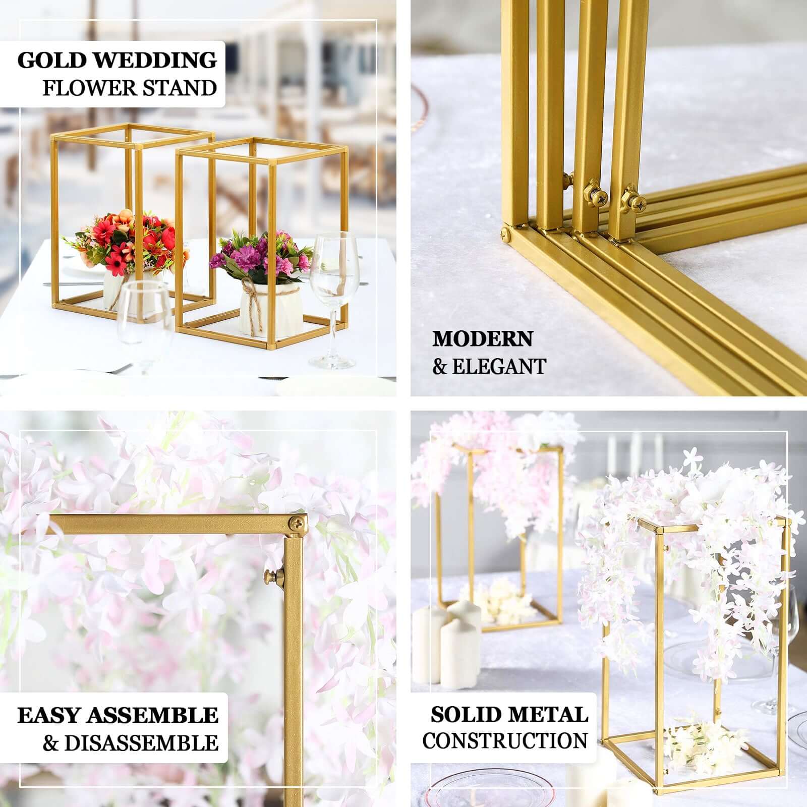 2-Pack Matte Gold Metal Rectangular Geometric Column Flower Stand for Elegant Arrangements