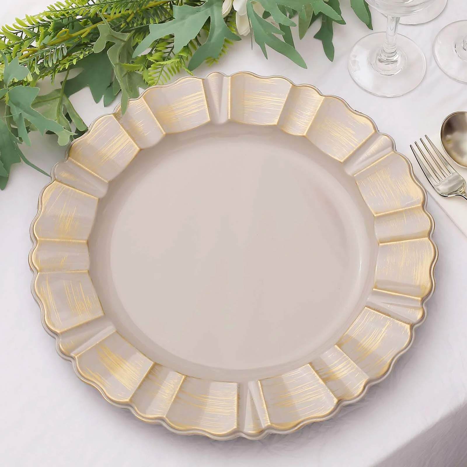 Hot Deal! 6-Pack 13-Inch Nude Taupe Acrylic Round Charger Plates with Gold Brushed Wavy Scalloped Rim for Dinner Parties