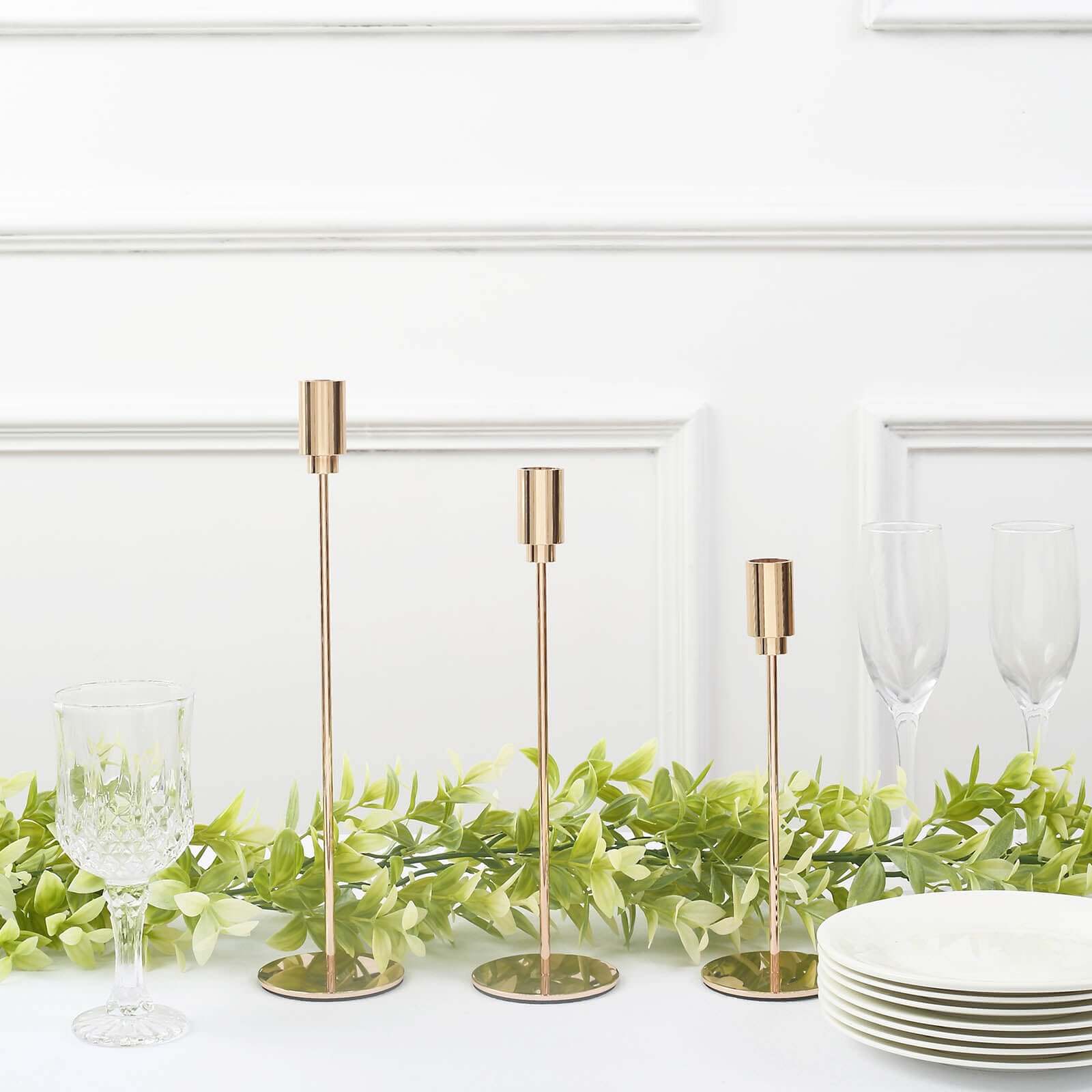 Gold Metal Set of 3 Taper Candle Stands with Round Base - Ideal for Weddings