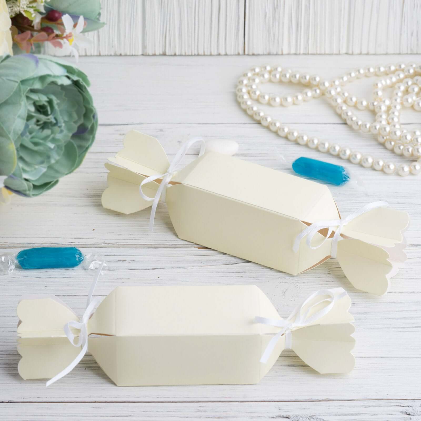 25-Pack Ivory Candy-Shaped Gift Boxes with Satin Ribbon - Clearance Sale